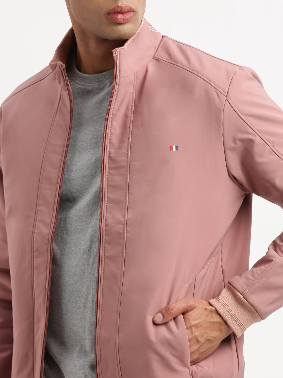 Men Mock Collar Peach Solid Bomber Jacket