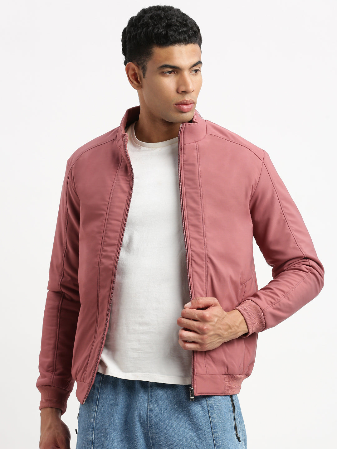 Men Mock Collar Pink Solid Bomber Jacket