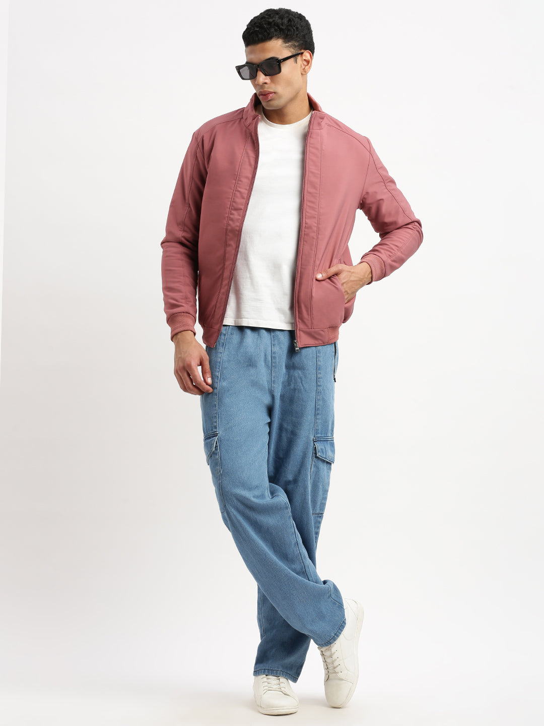 Men Mock Collar Pink Solid Bomber Jacket