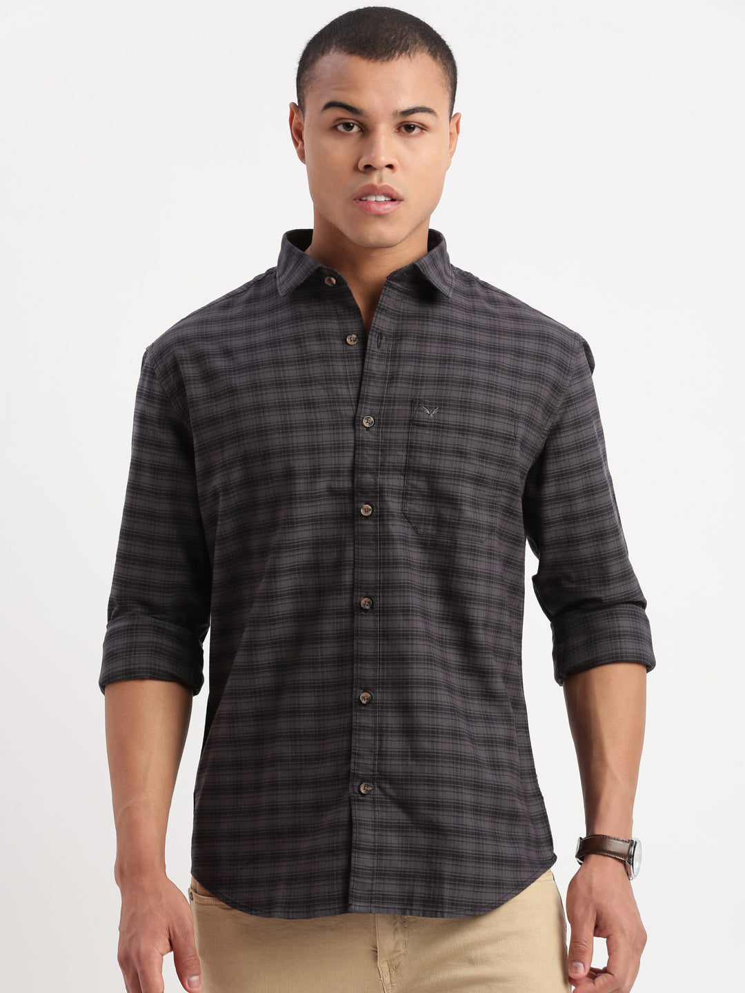 Men Gingham Checks Grey Shirt