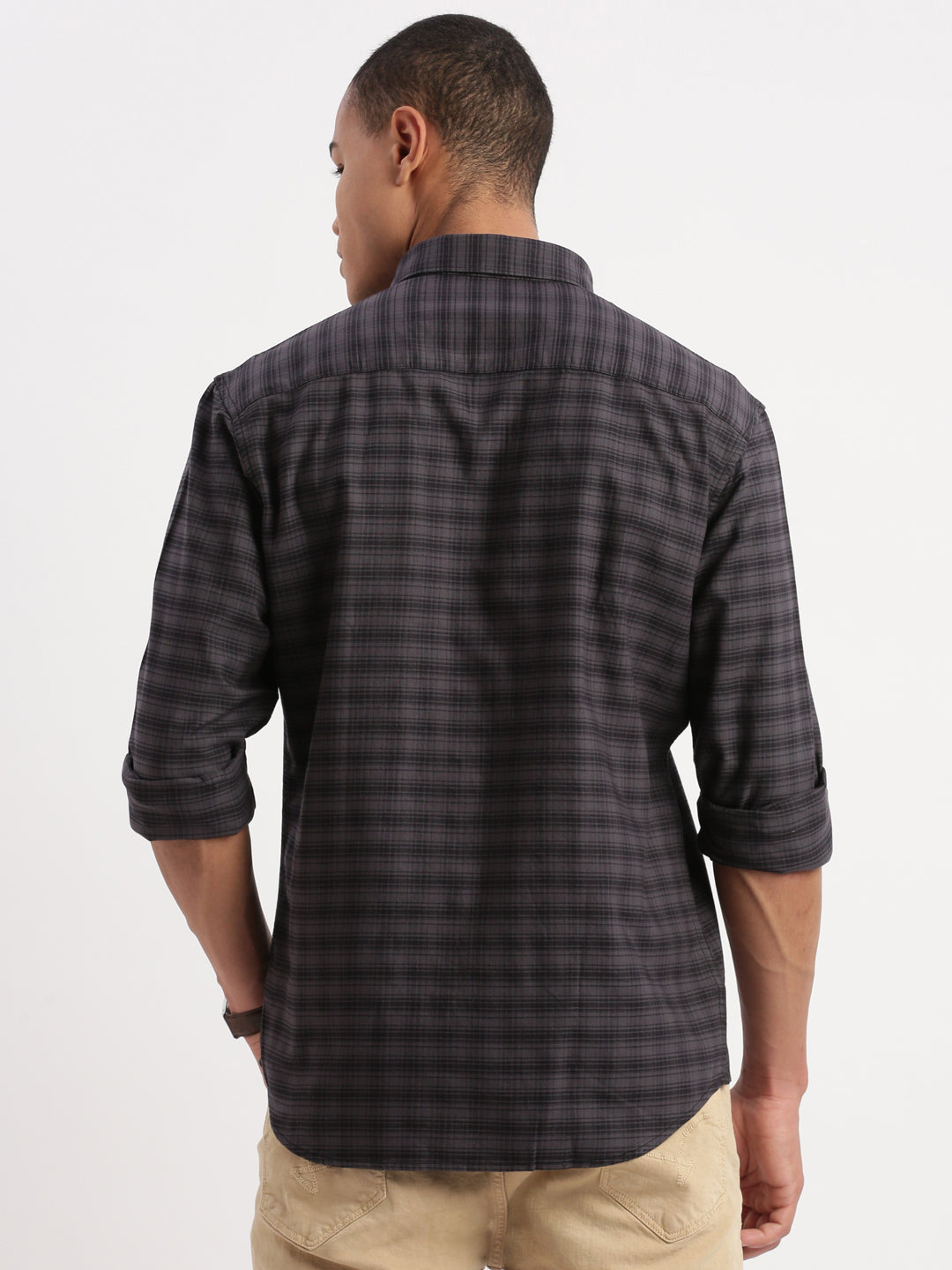 Men Gingham Checks Grey Shirt