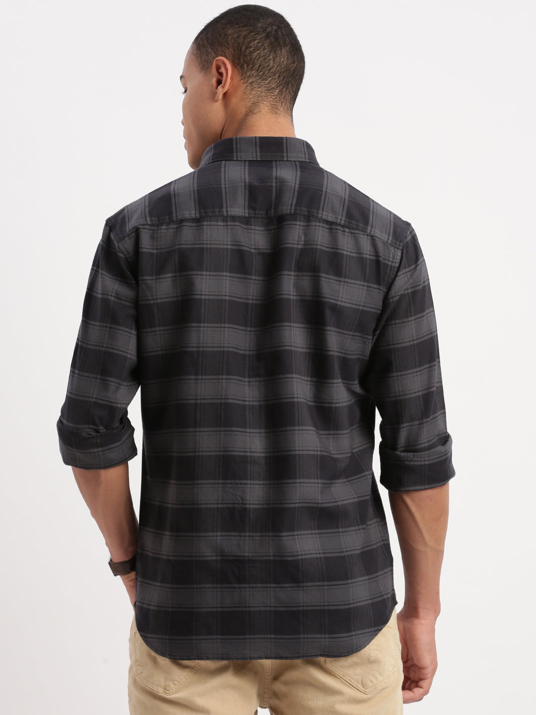 Men Tartan Checks Grey Shirt