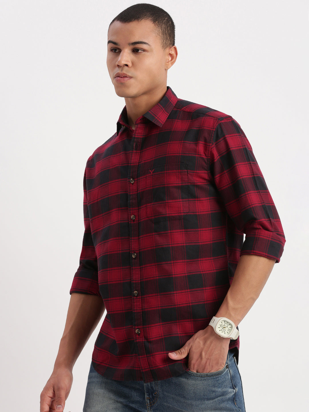 Men Tartan Checks Red Shirt