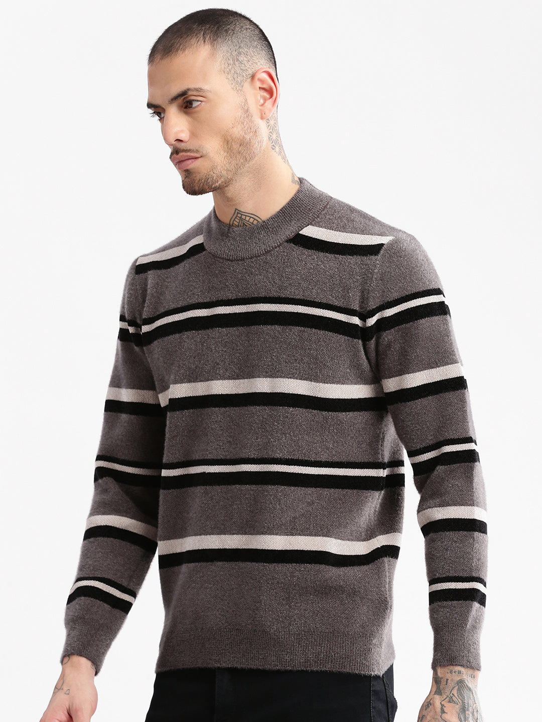 Men Round Neck Striped Grey Pullover