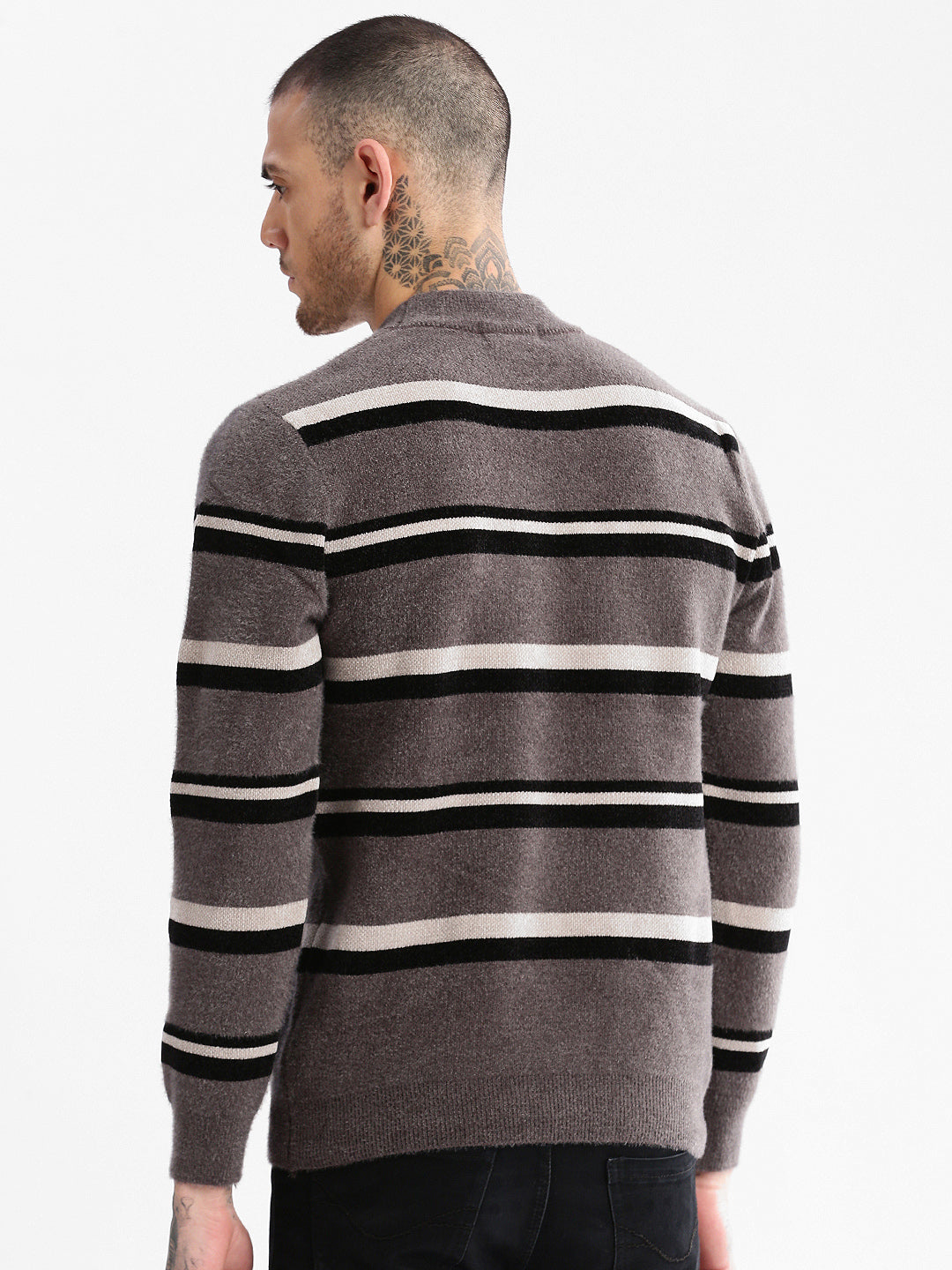 Men Round Neck Striped Grey Pullover