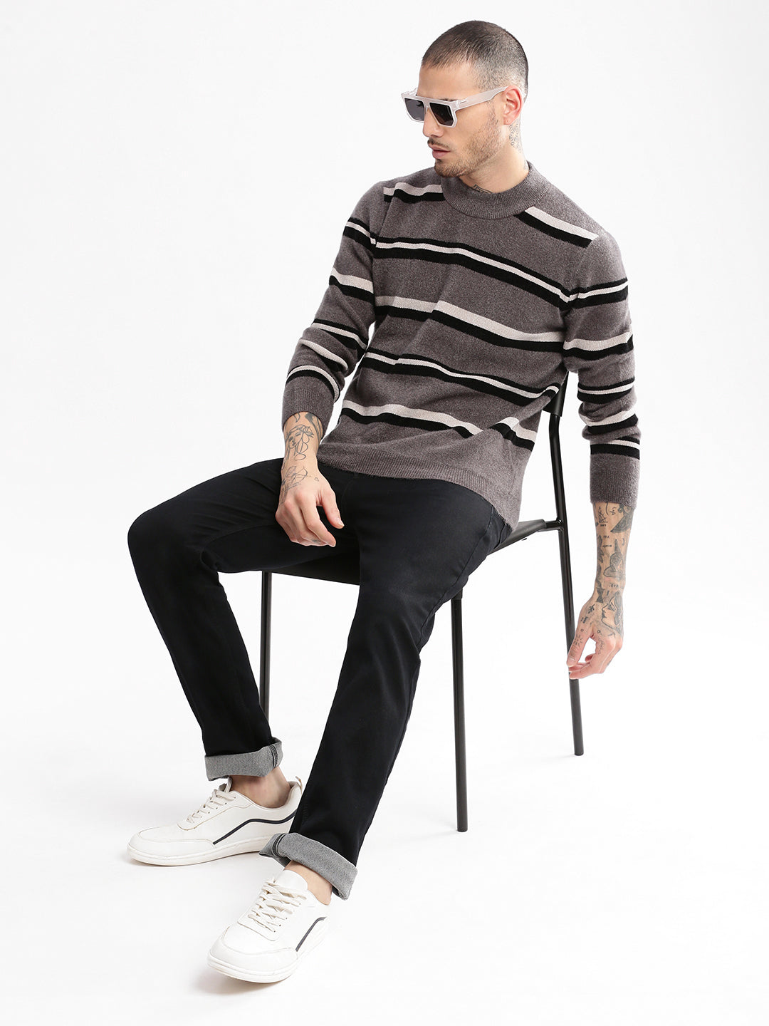 Men Round Neck Striped Grey Pullover