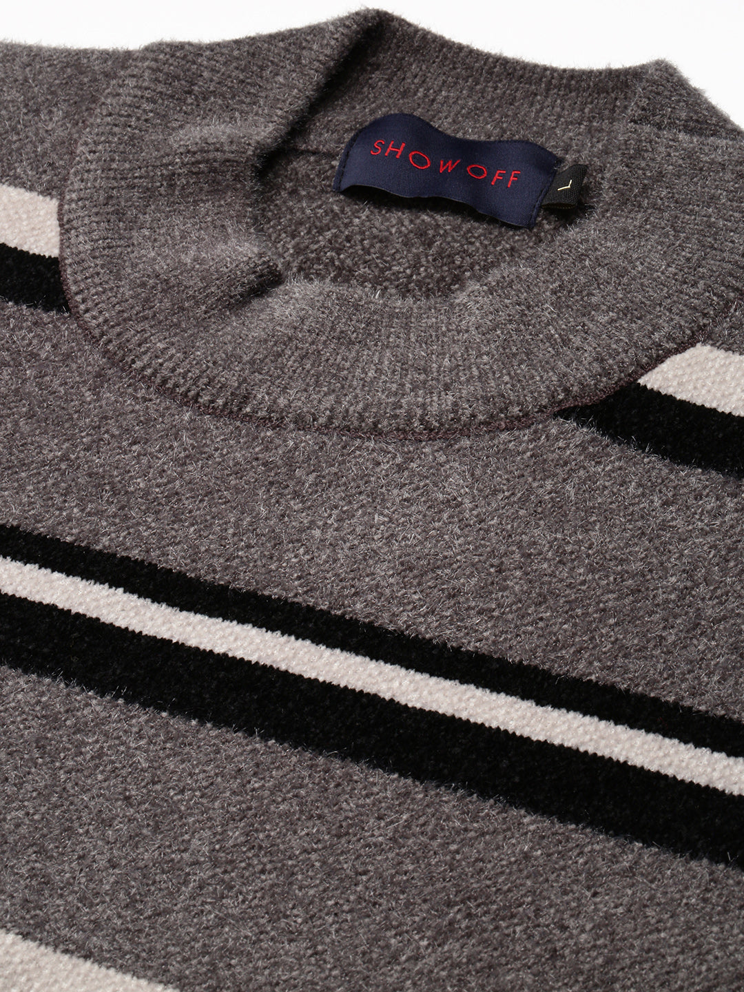 Men Round Neck Striped Grey Pullover