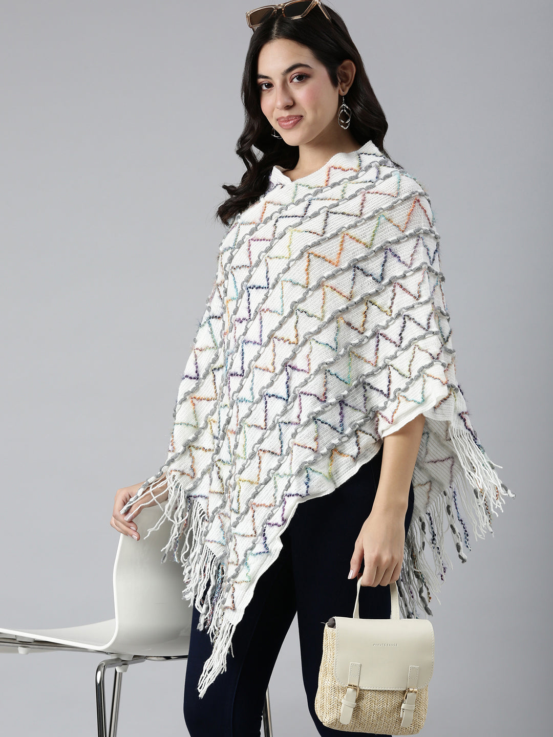 Women Chevron White Longline Poncho