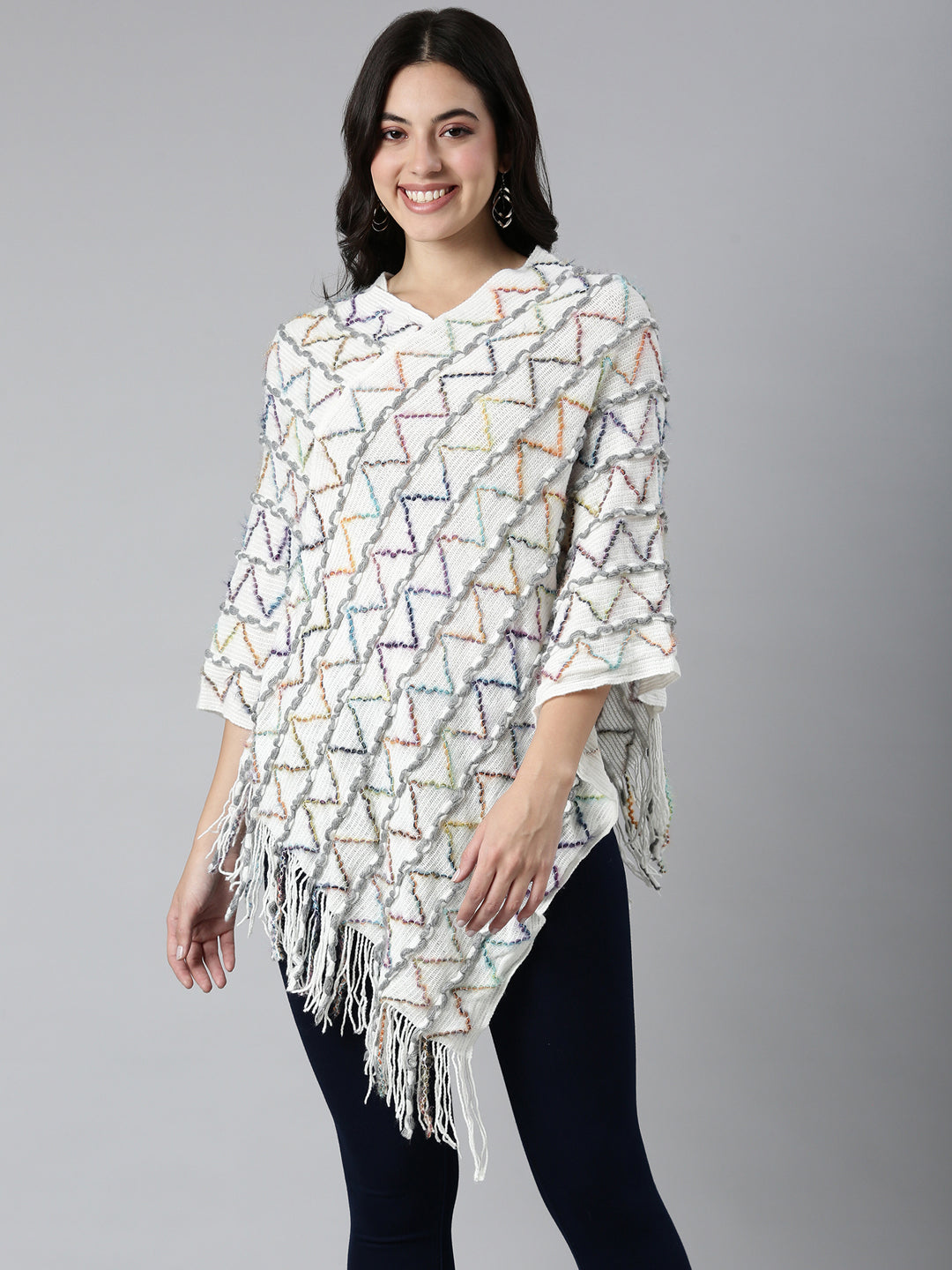 Women Chevron White Longline Poncho