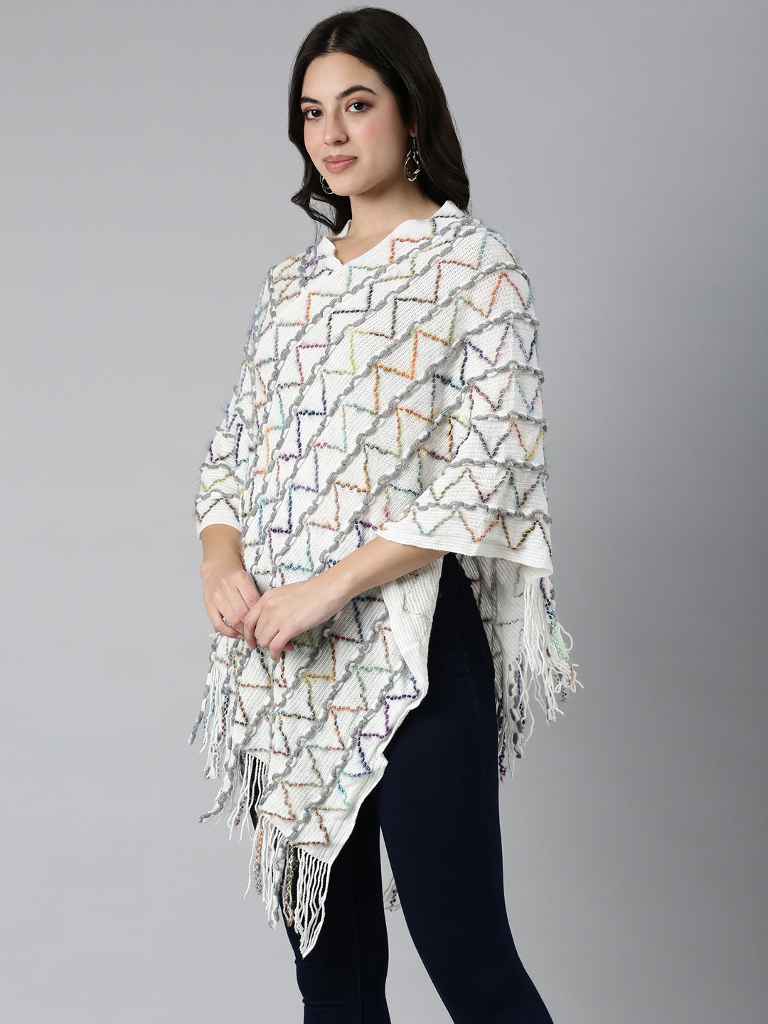 Women Chevron White Longline Poncho