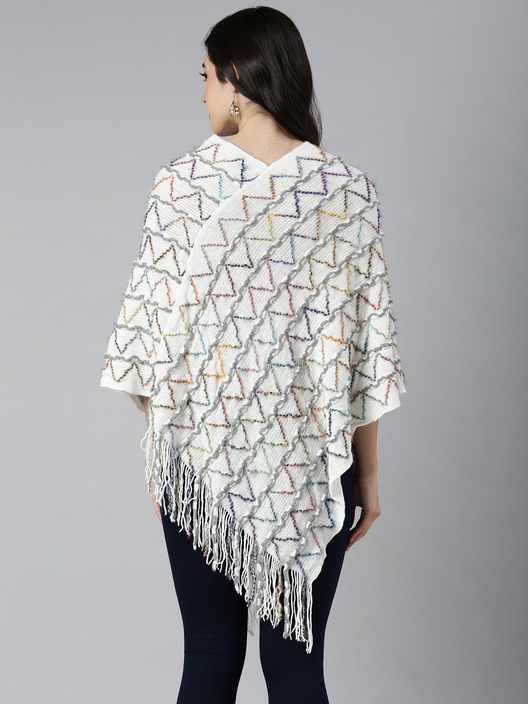 Women Chevron White Longline Poncho