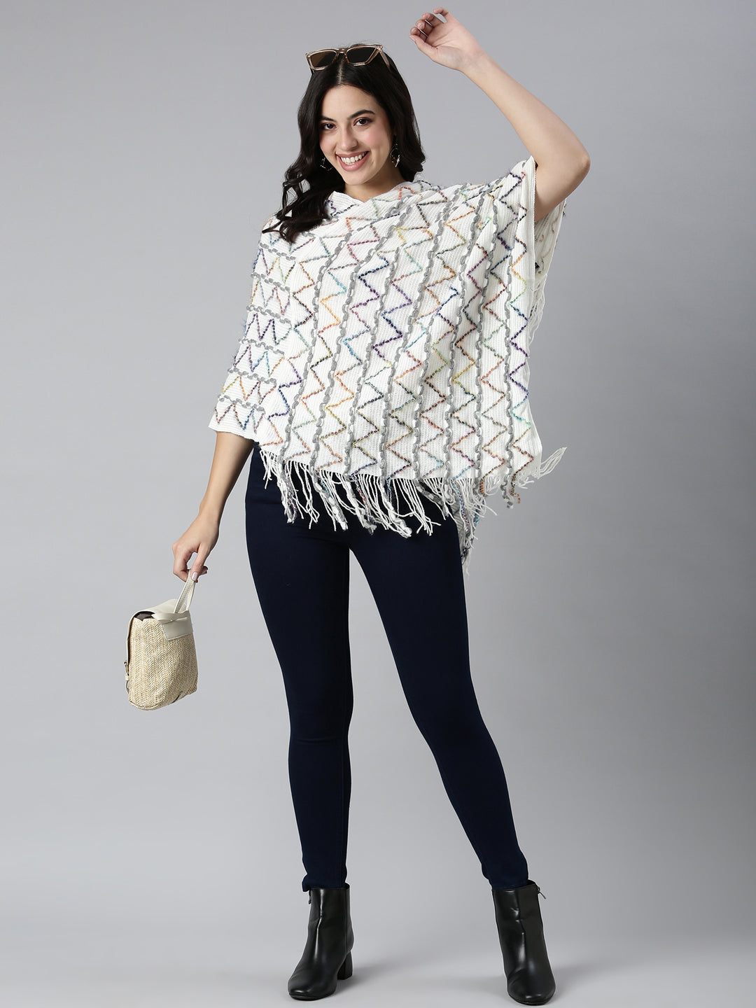 Women Chevron White Longline Poncho