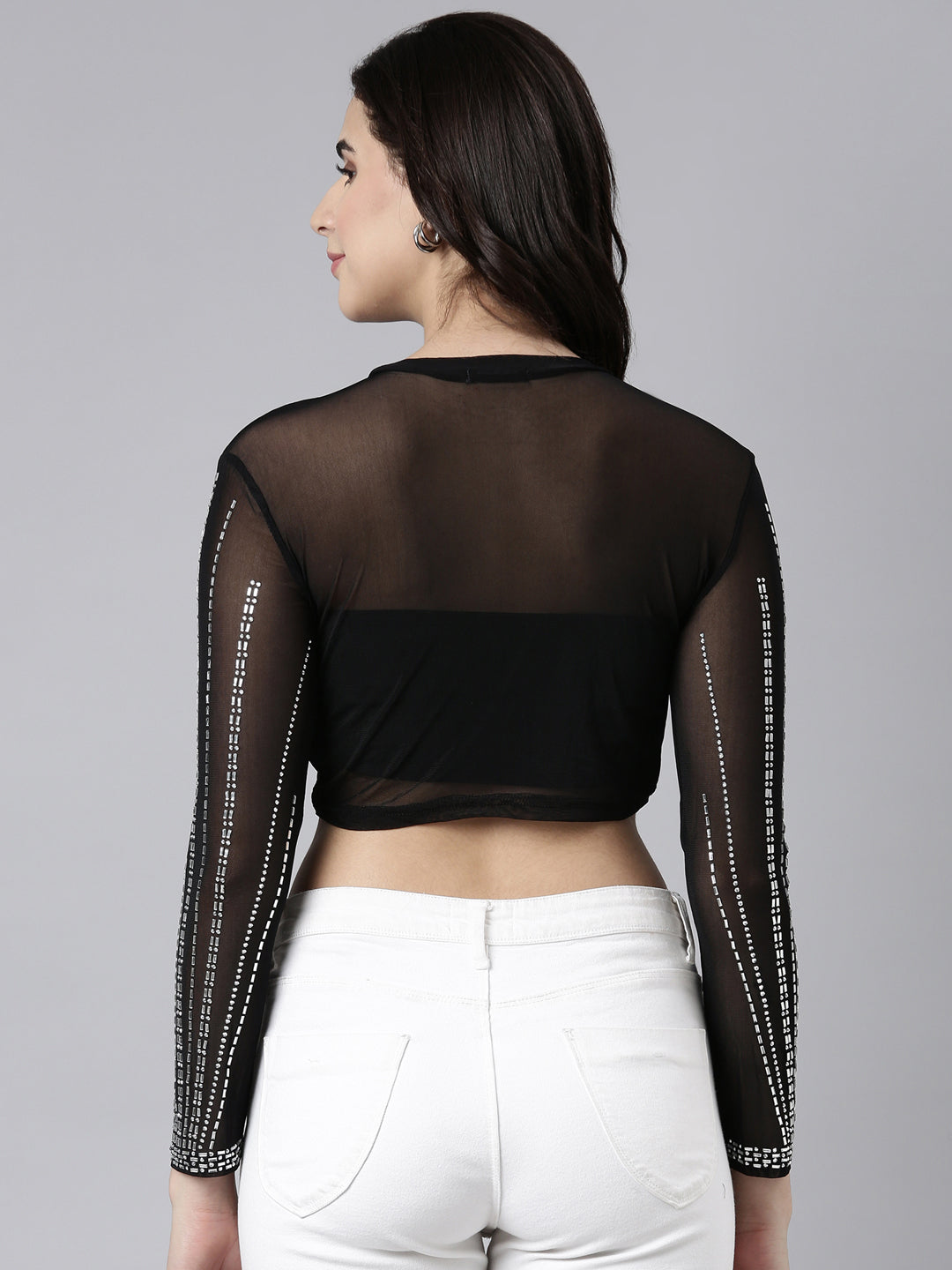 Women's Embellished Black Sheer Crop Top