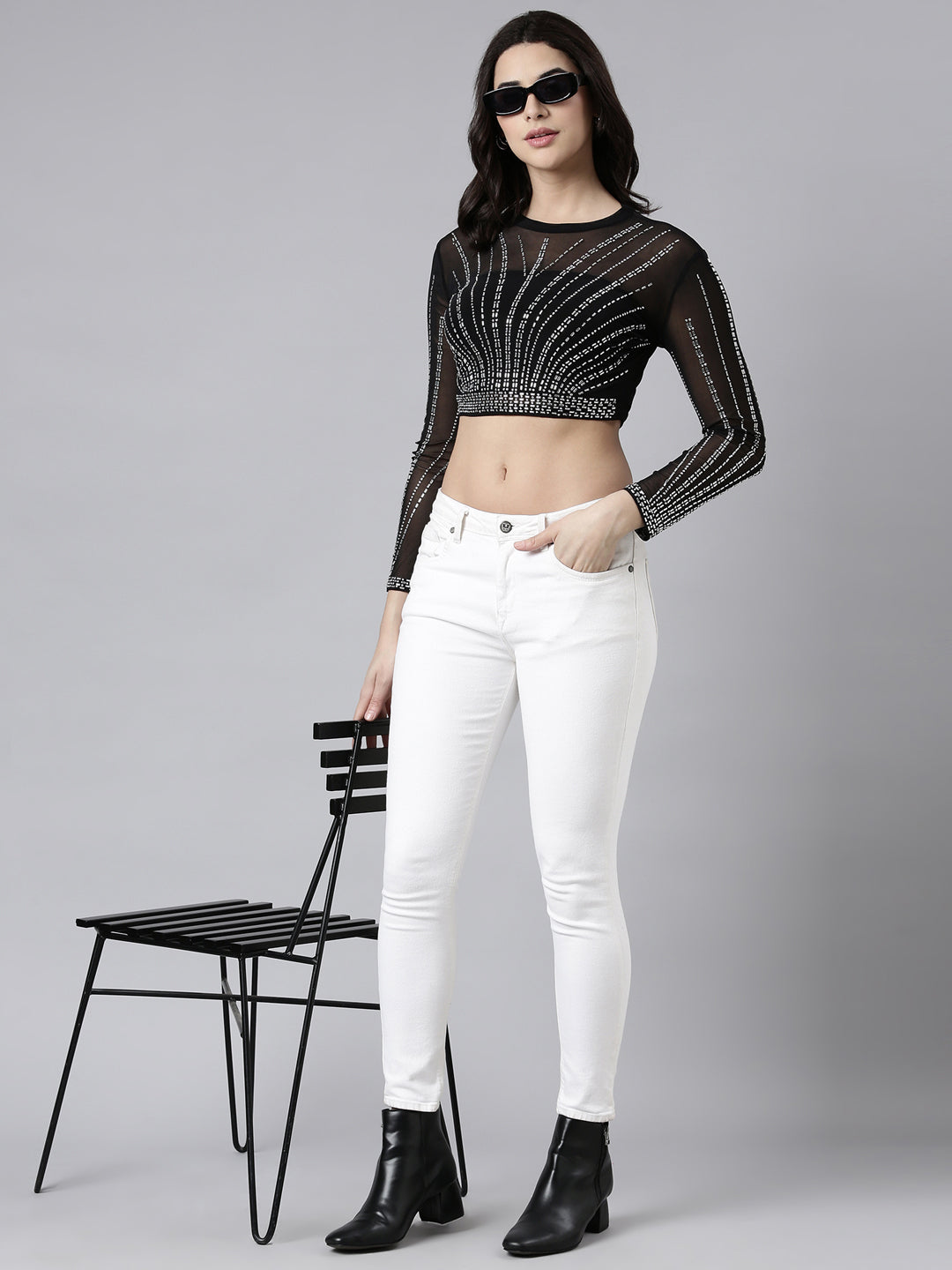Women's Embellished Black Sheer Crop Top