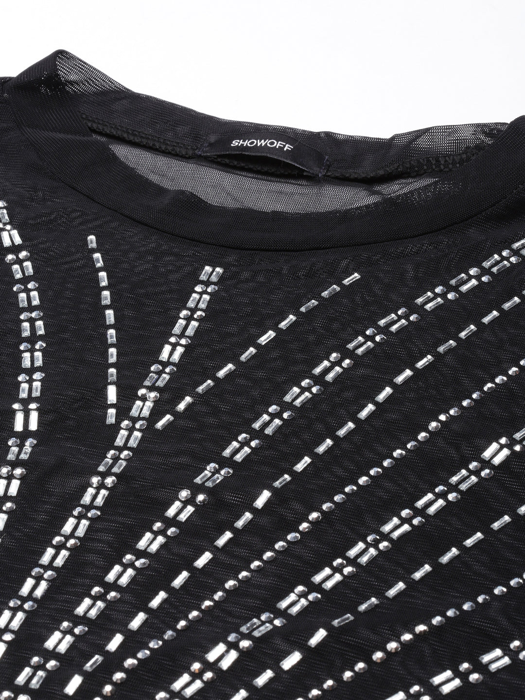 Women's Embellished Black Sheer Crop Top