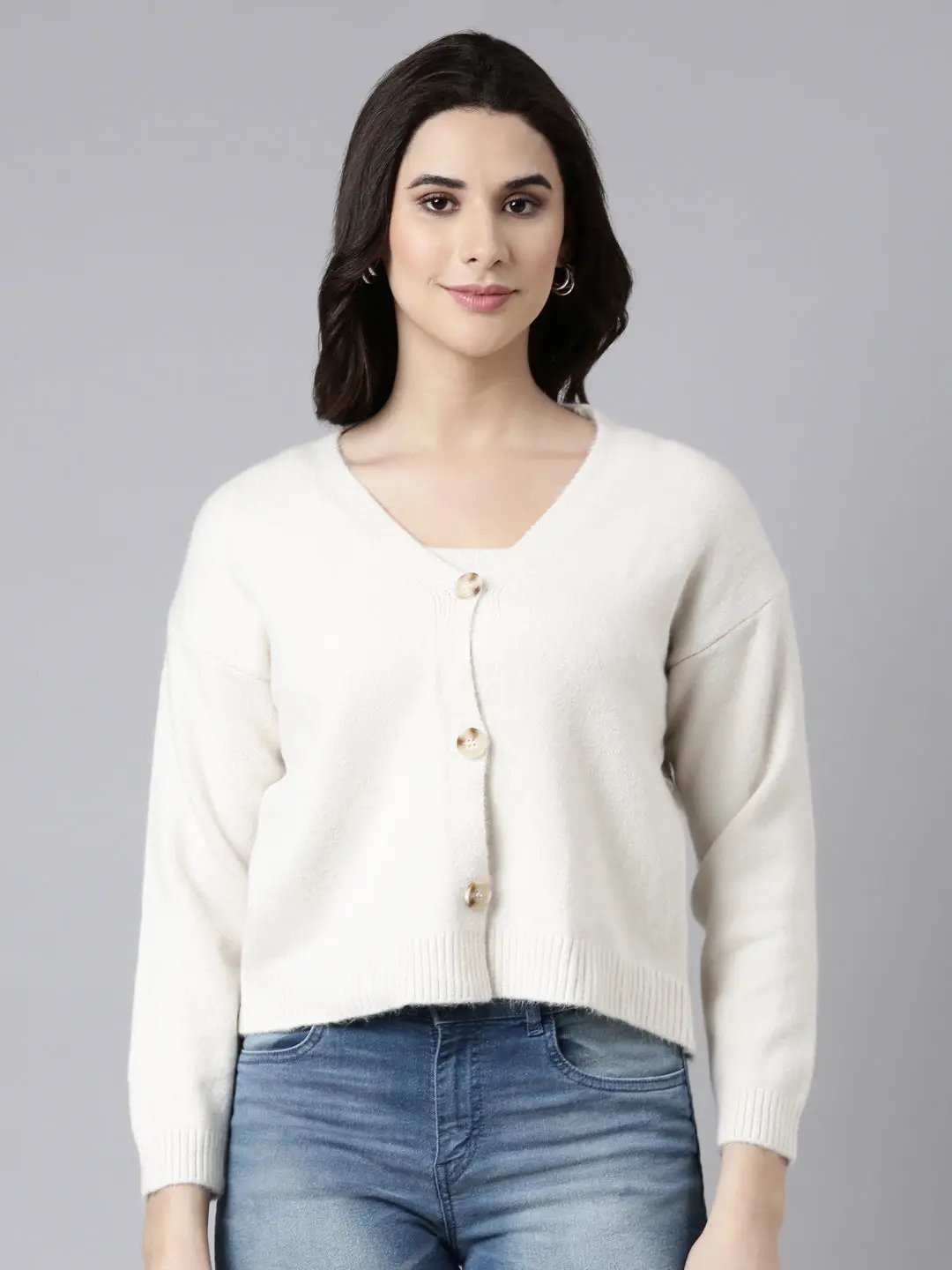 Women's Solid Cream Cardigan Comes with Inner Slip
