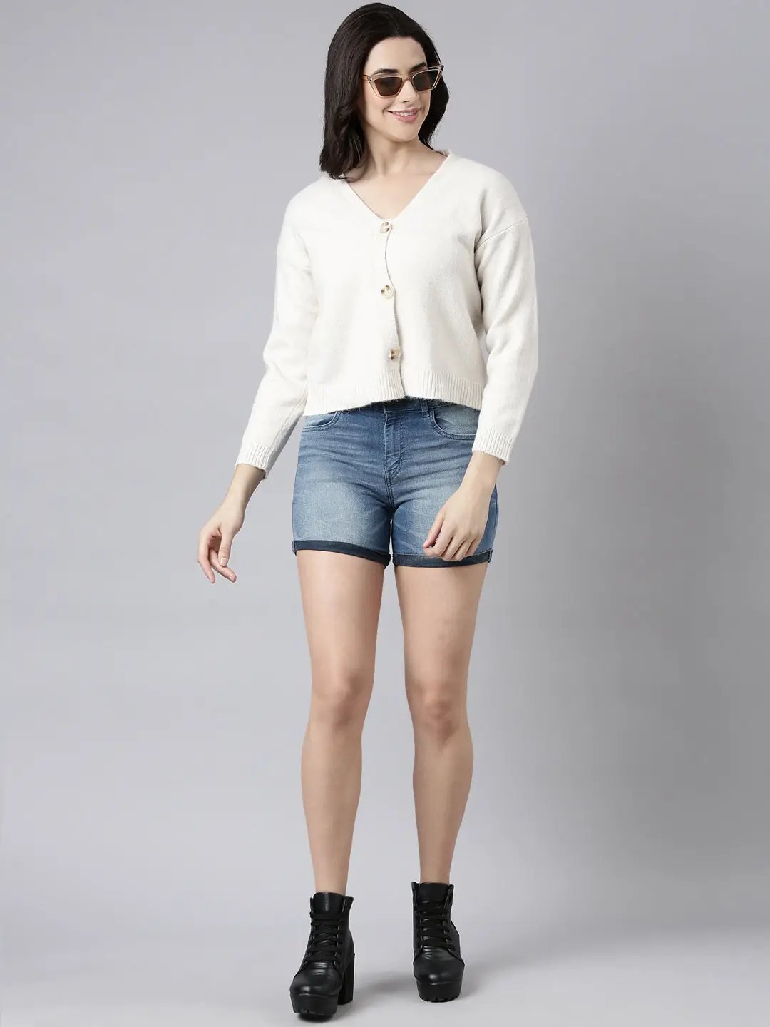 Women's Solid Cream Cardigan Comes with Inner Slip