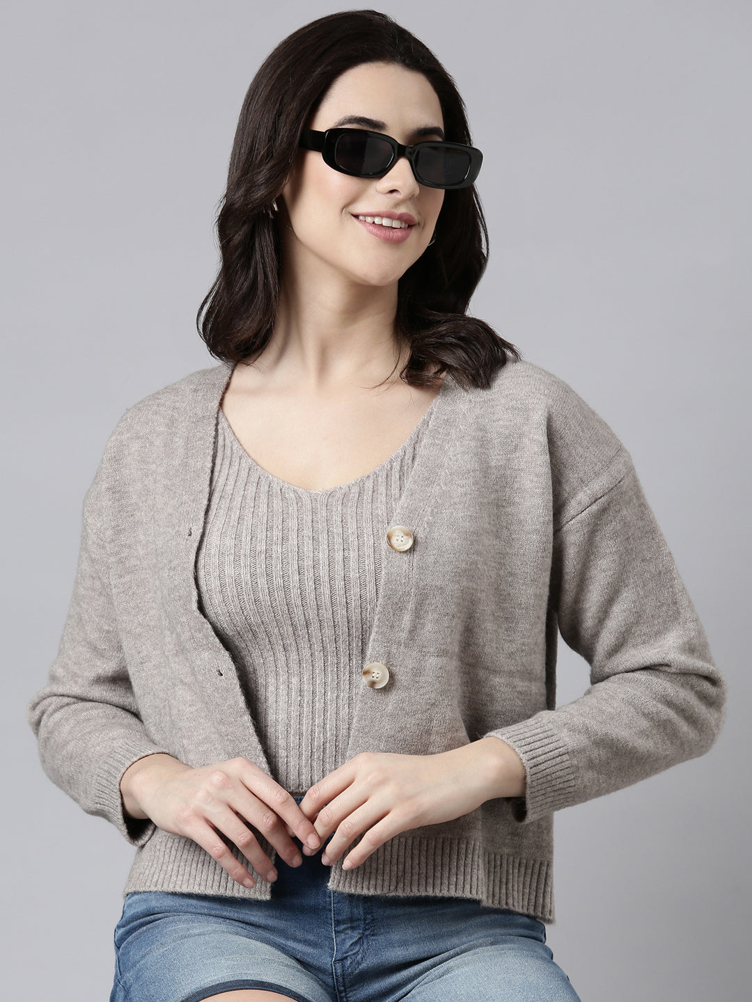 Women Solid Grey Cardigan Comes with Inner Slip