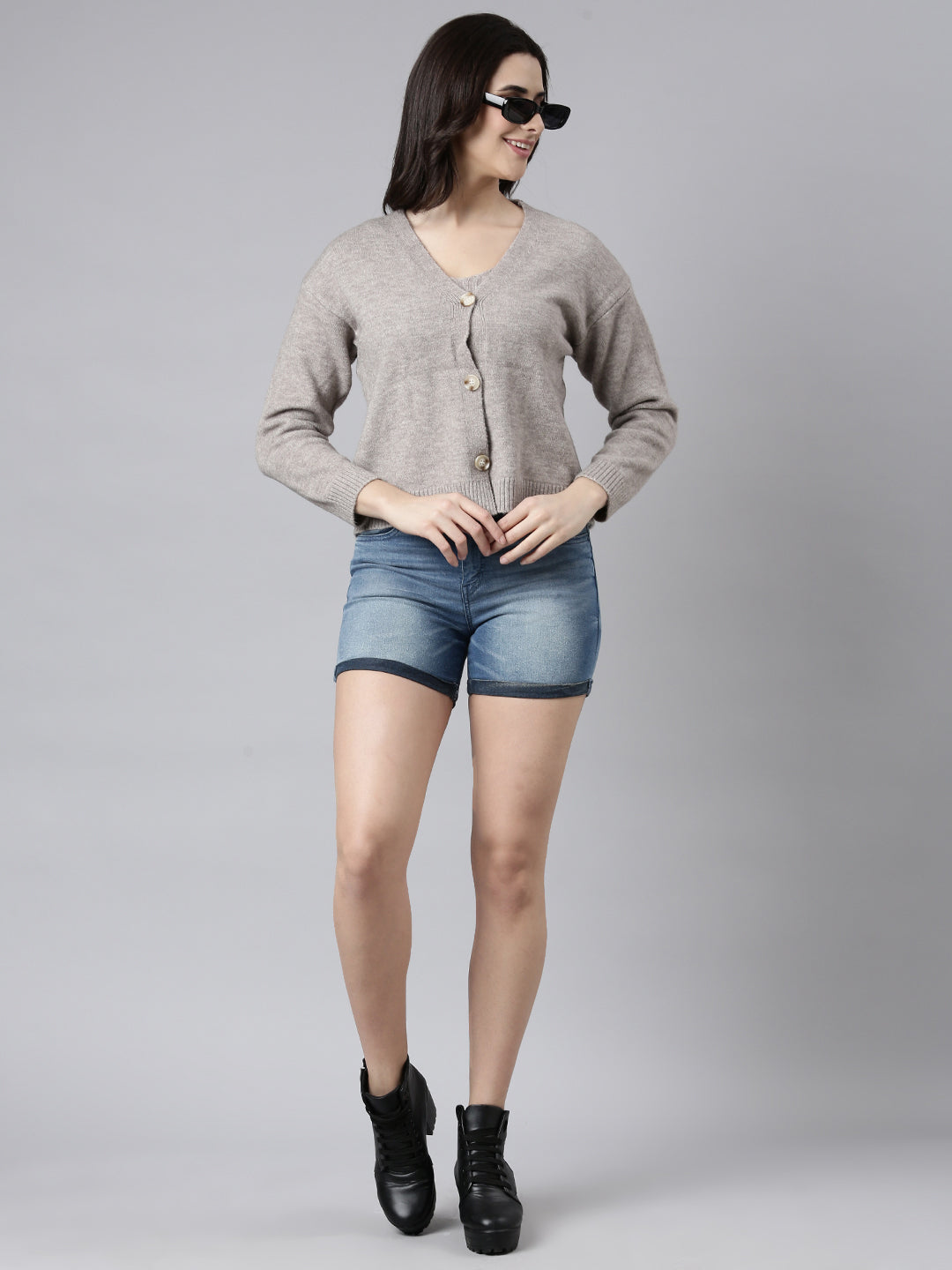 Women Solid Grey Cardigan Comes with Inner Slip