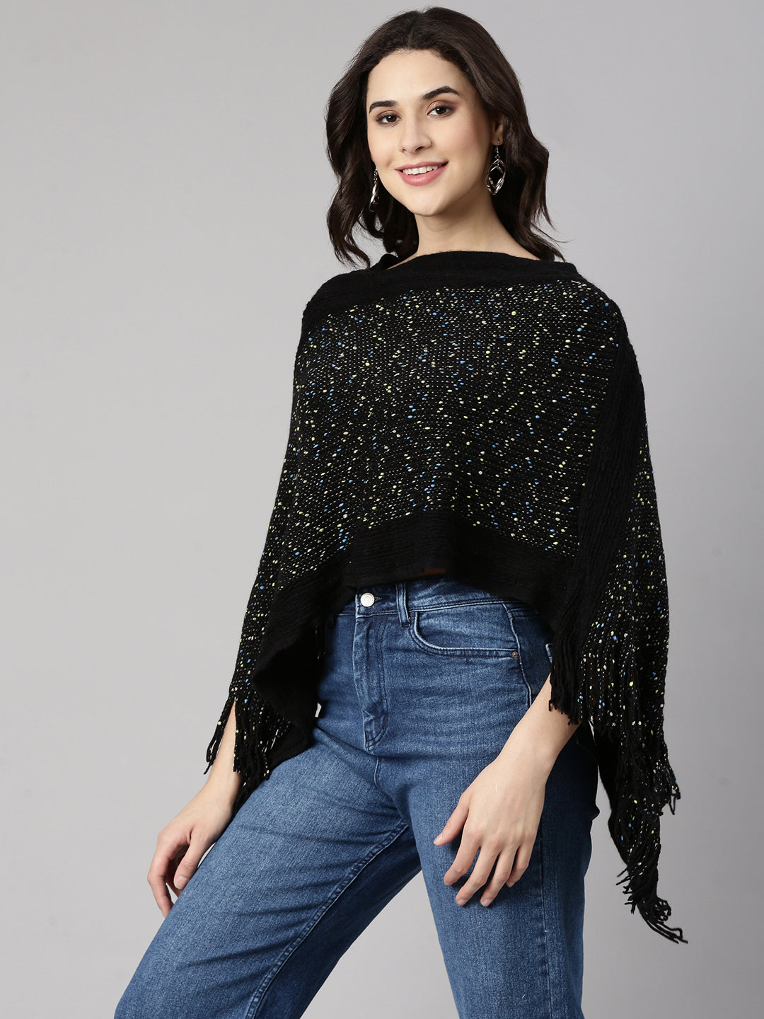 Women's Solid Black Poncho