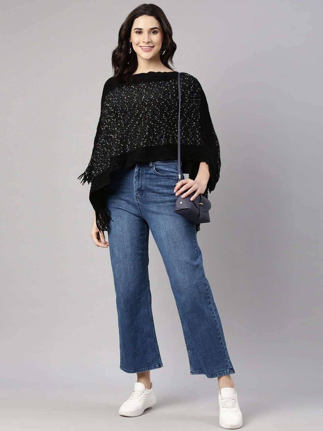 Women's Solid Black Poncho