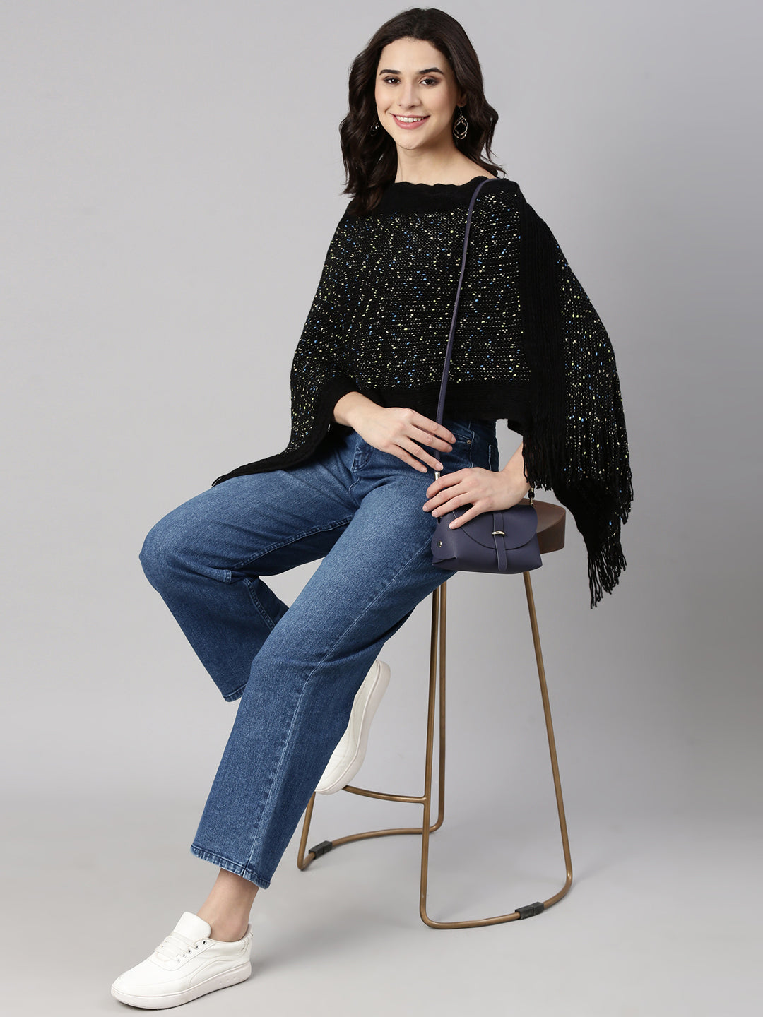 Women's Solid Black Poncho