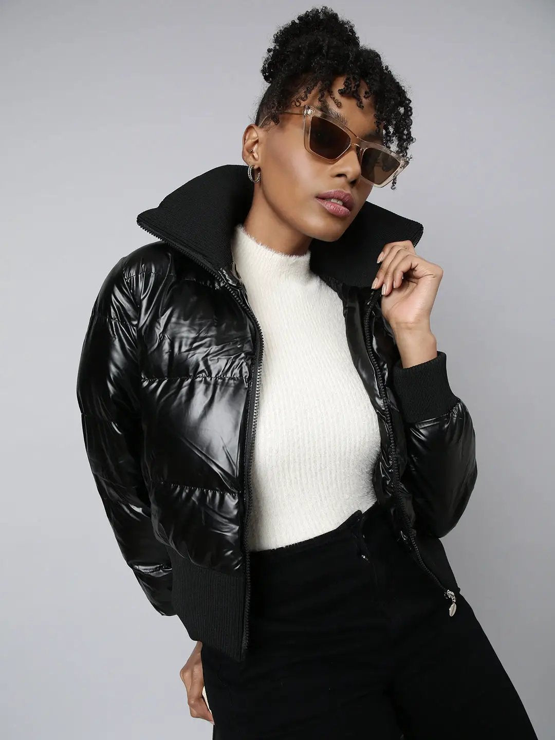 Women's Solid Black Puffer Jacket