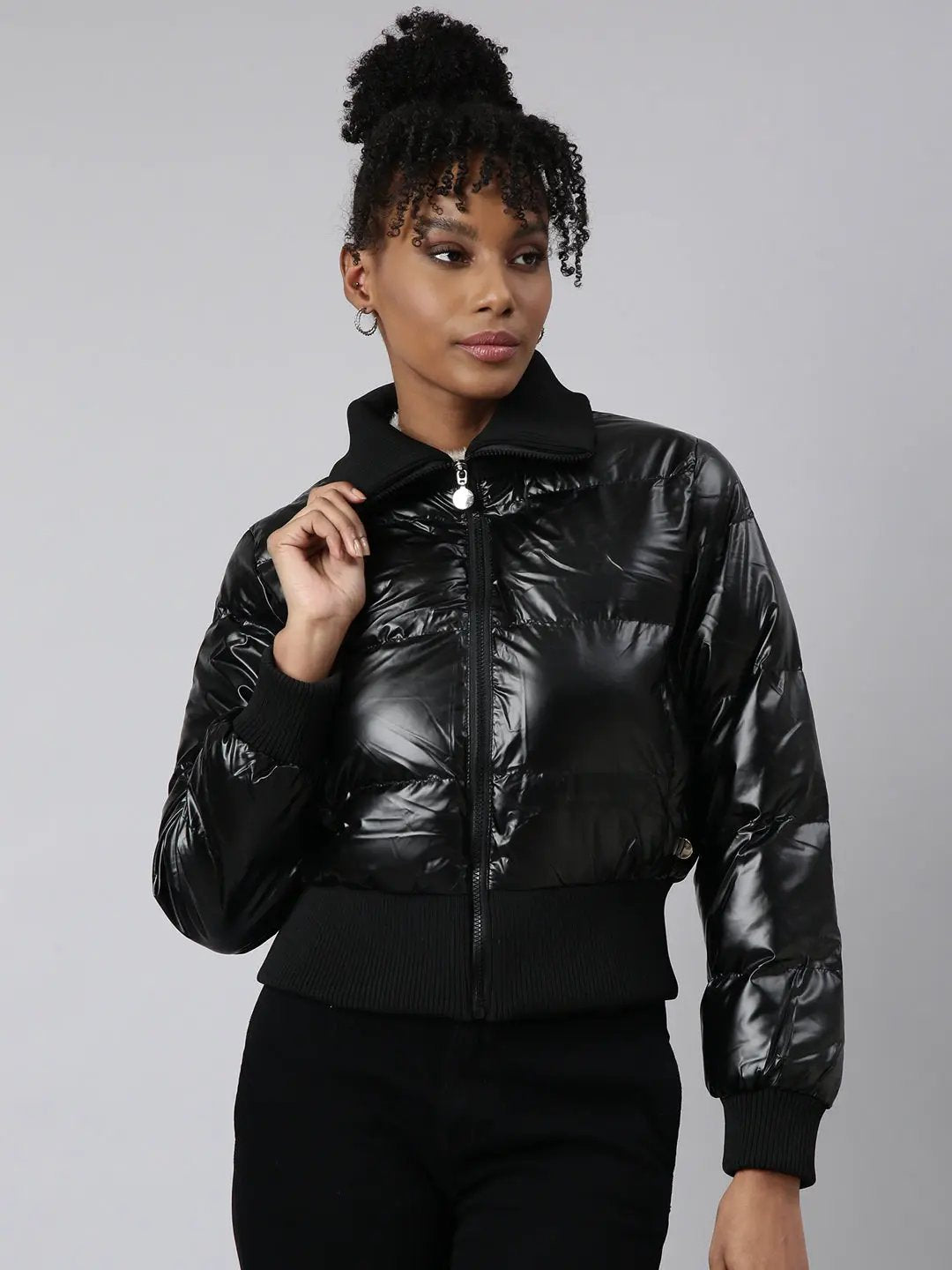 Women's Solid Black Puffer Jacket