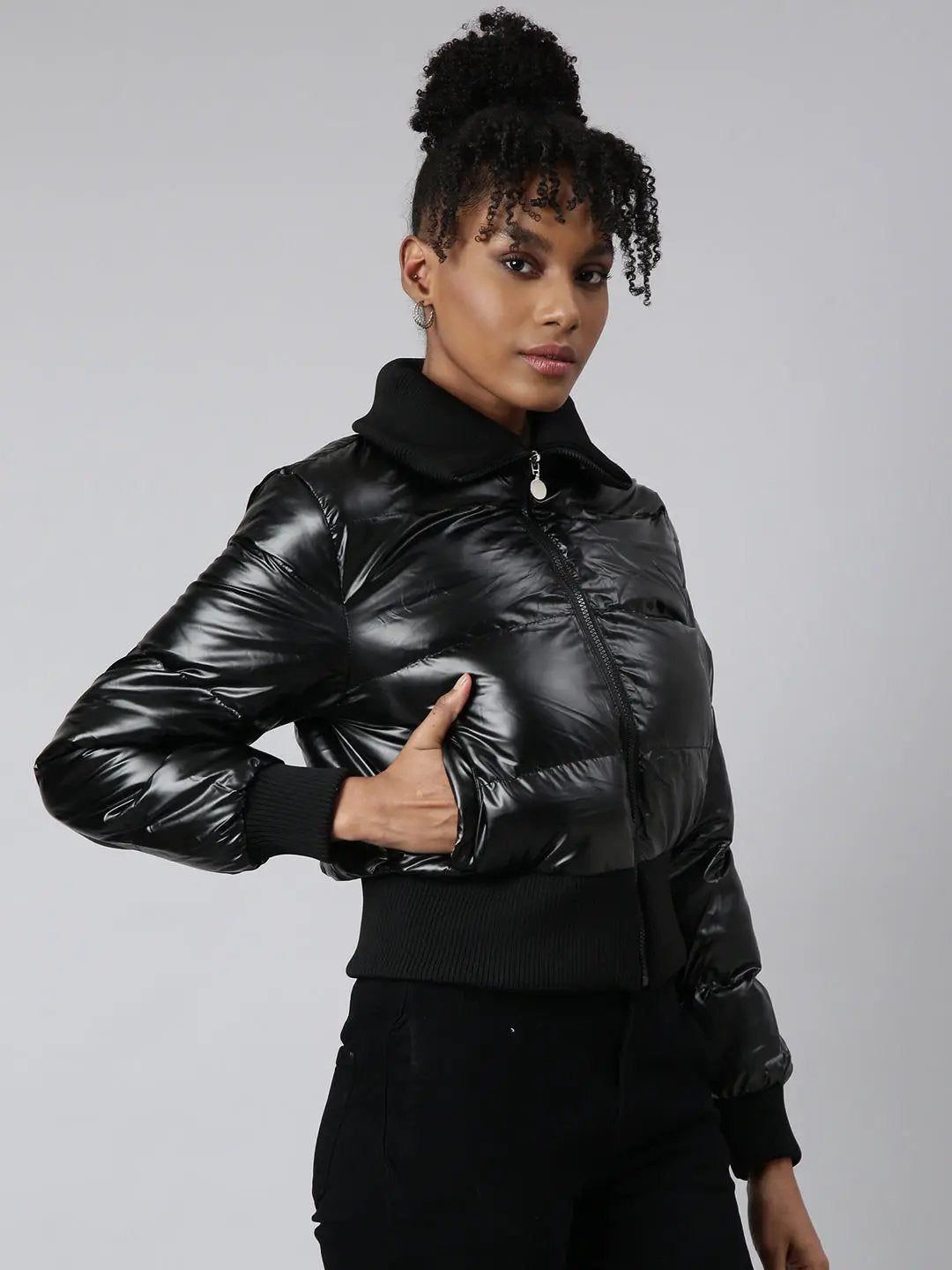 Women's Solid Black Puffer Jacket