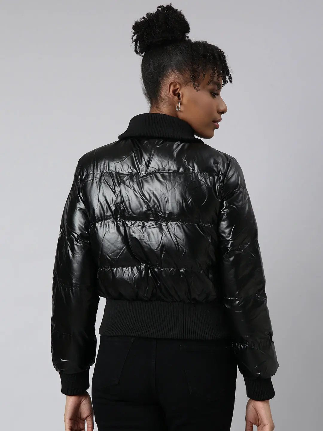 Women's Solid Black Puffer Jacket