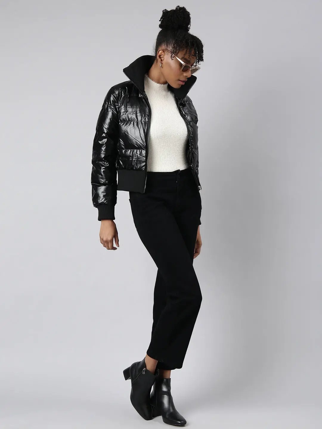 Women's Solid Black Puffer Jacket