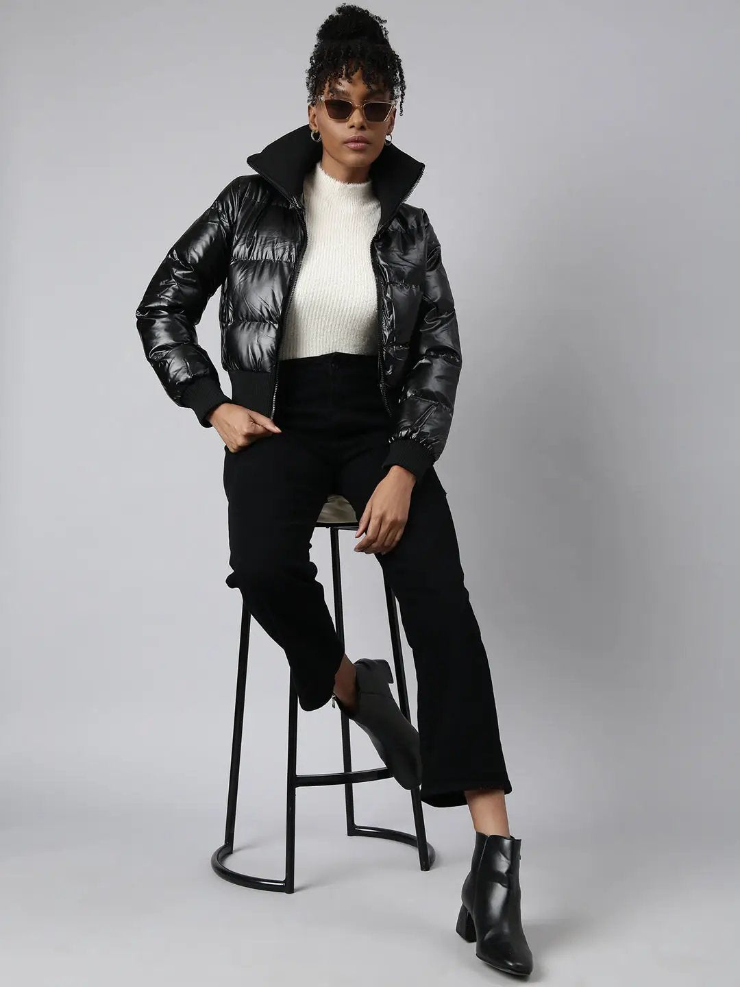 Women's Solid Black Puffer Jacket