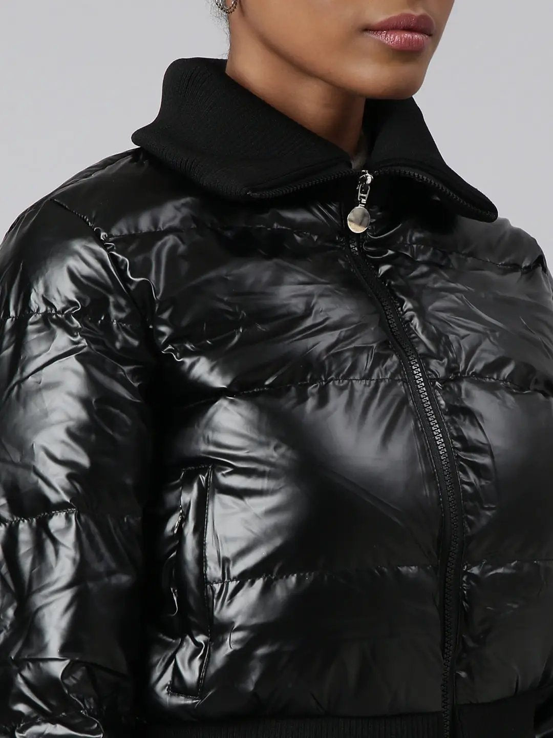 Women's Solid Black Puffer Jacket