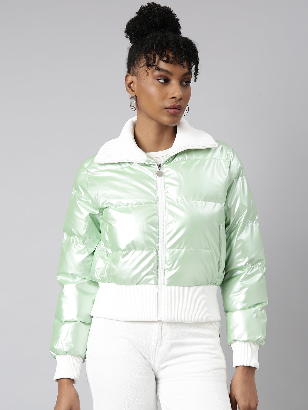 Women Solid Green Puffer Jacket