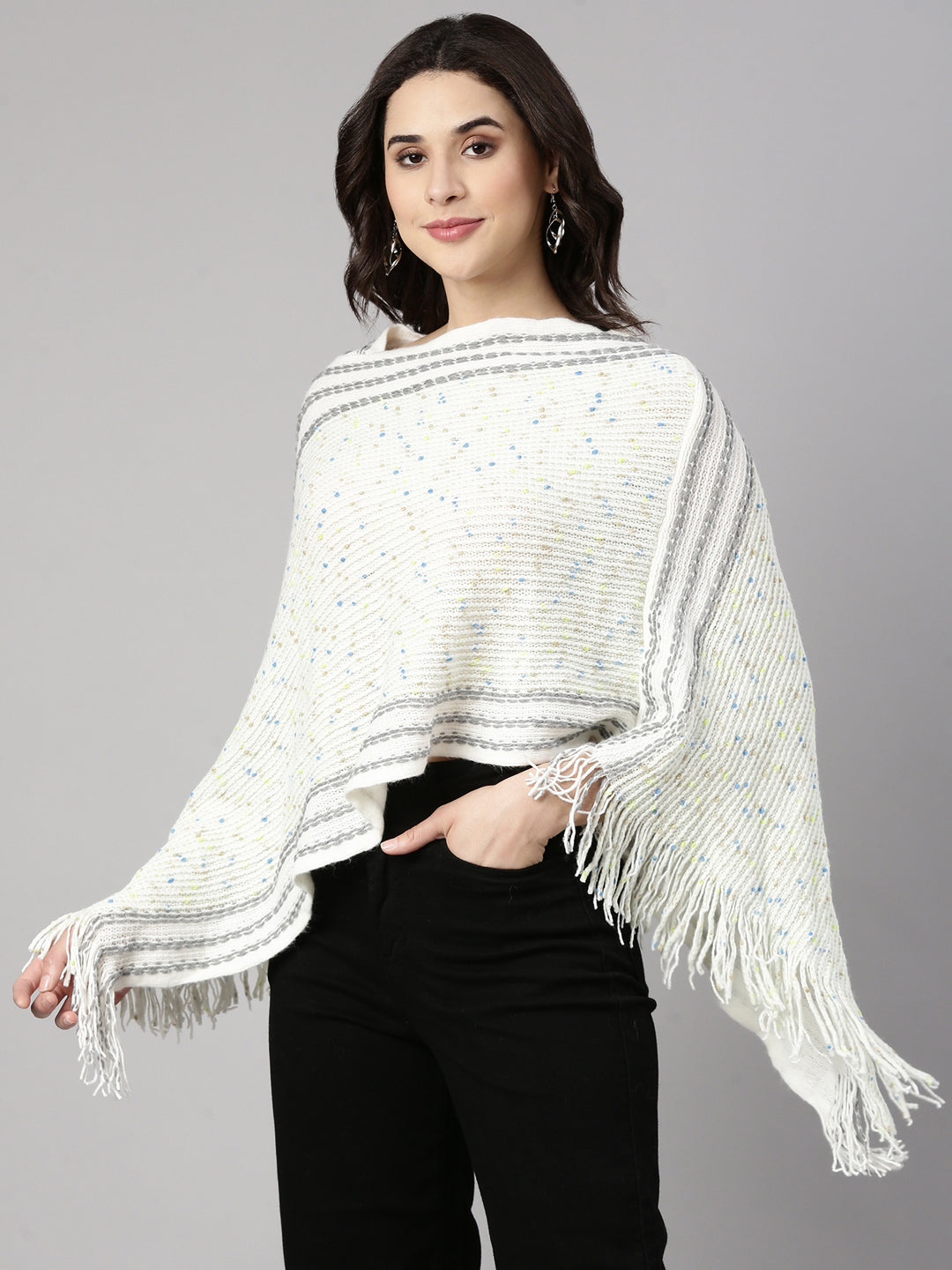 Women's Solid White Poncho
