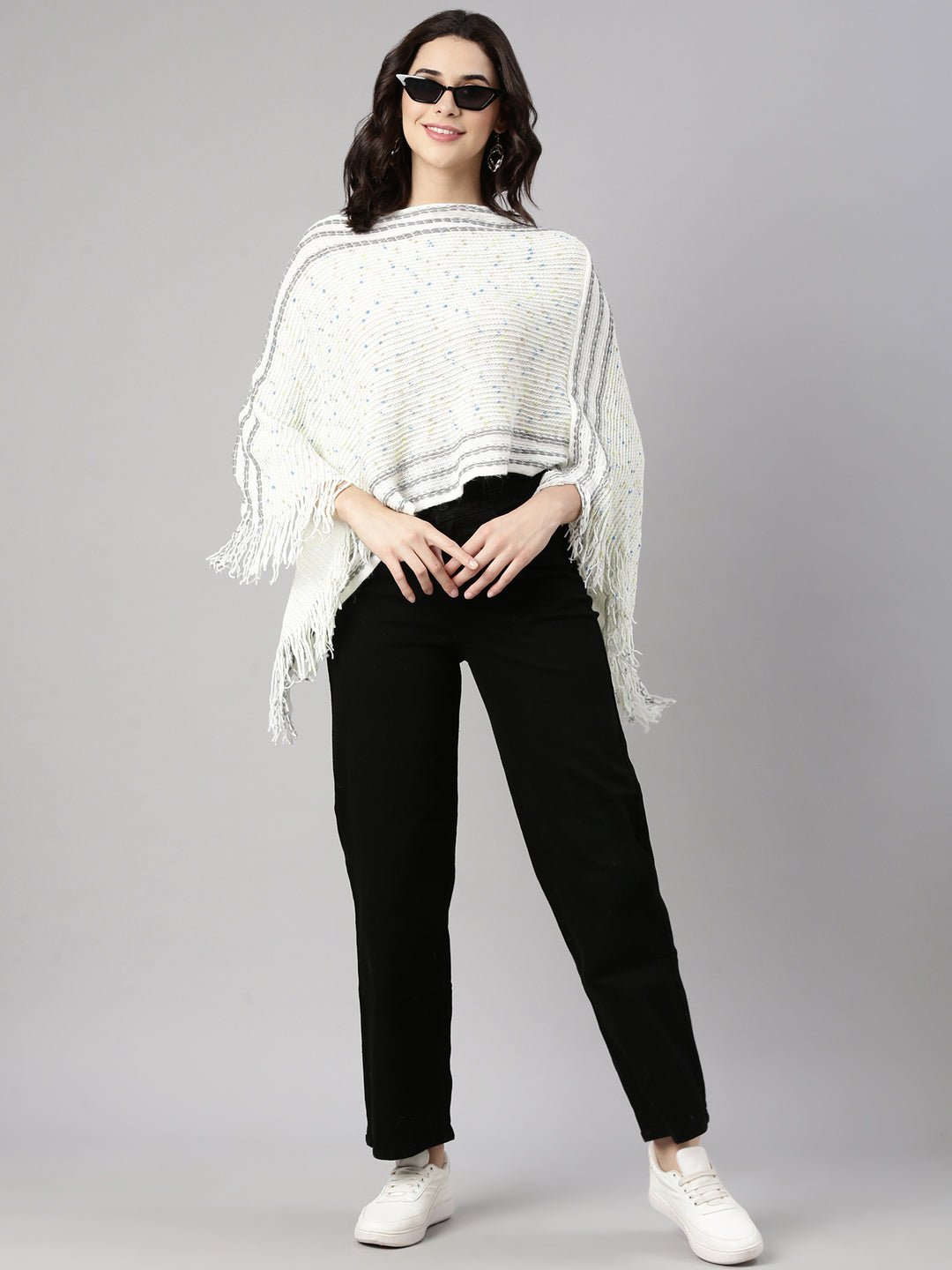 Women's Solid White Poncho