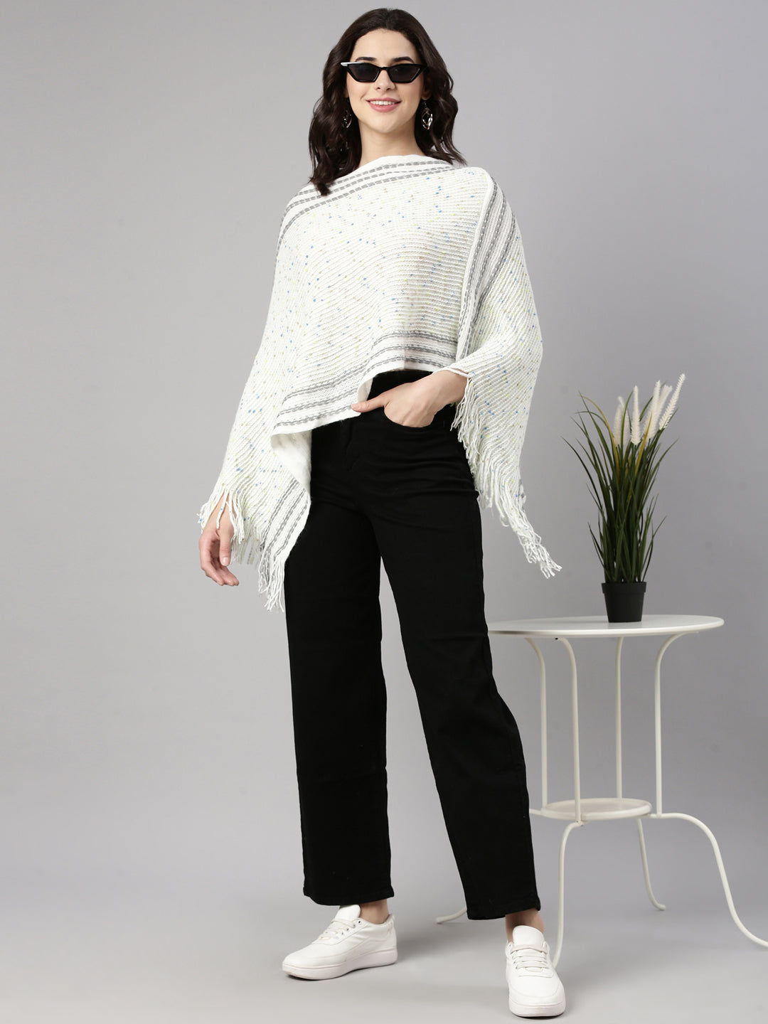 Women's Solid White Poncho