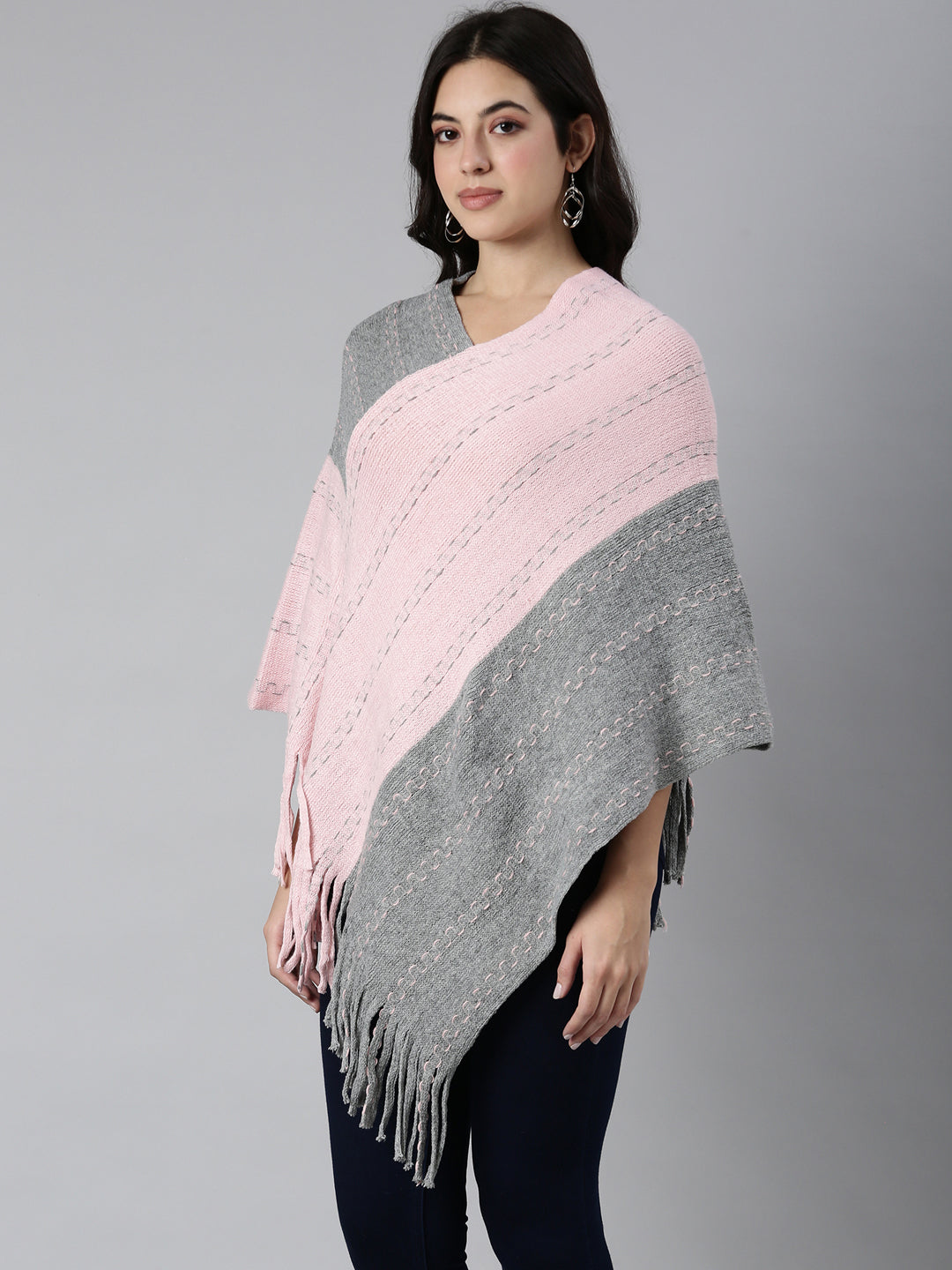 Women's Colourblocked Pink Poncho