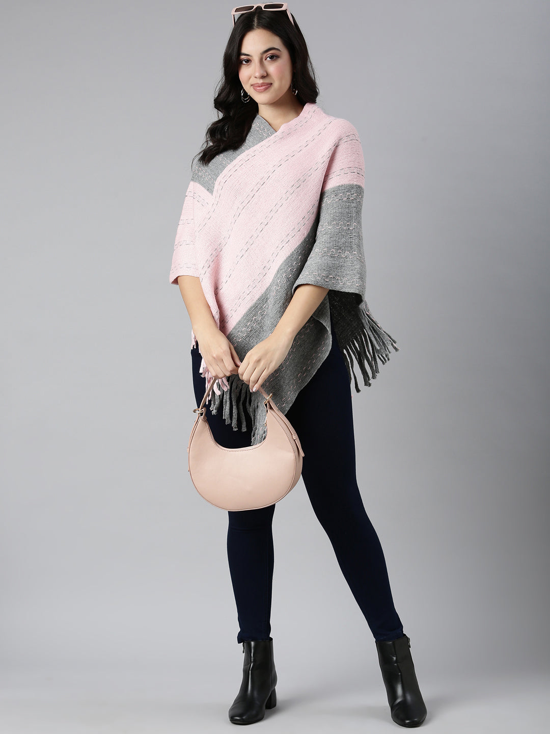 Women's Colourblocked Pink Poncho