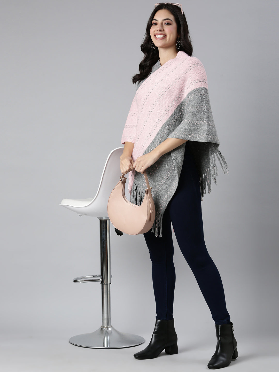 Women's Colourblocked Pink Poncho