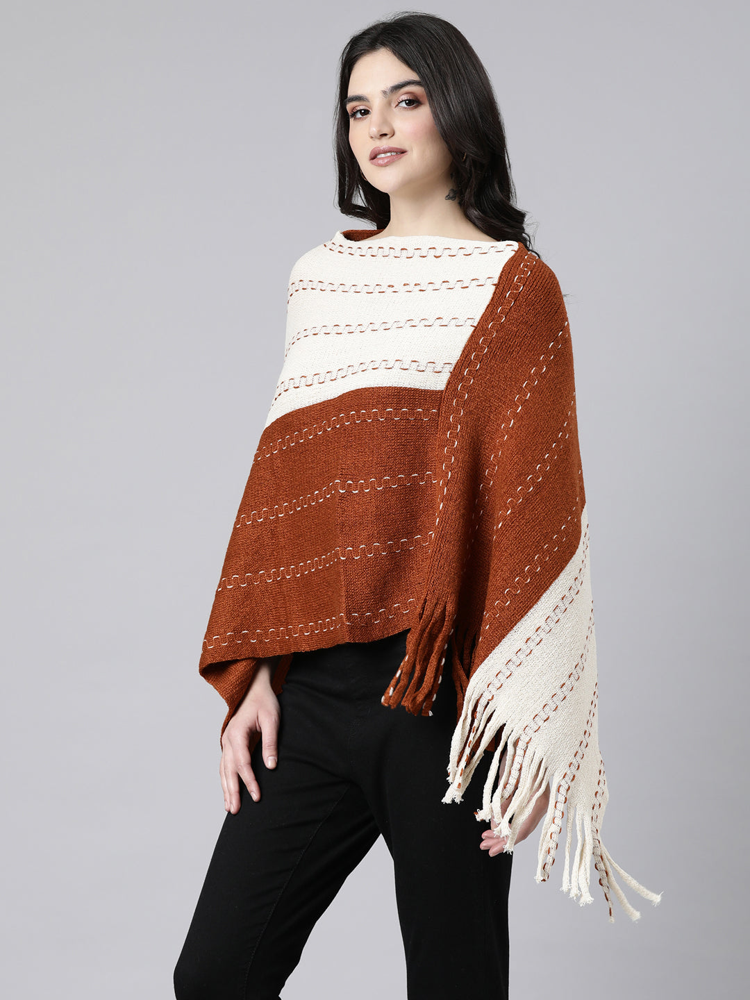 Women's Colourblocked Rust Poncho