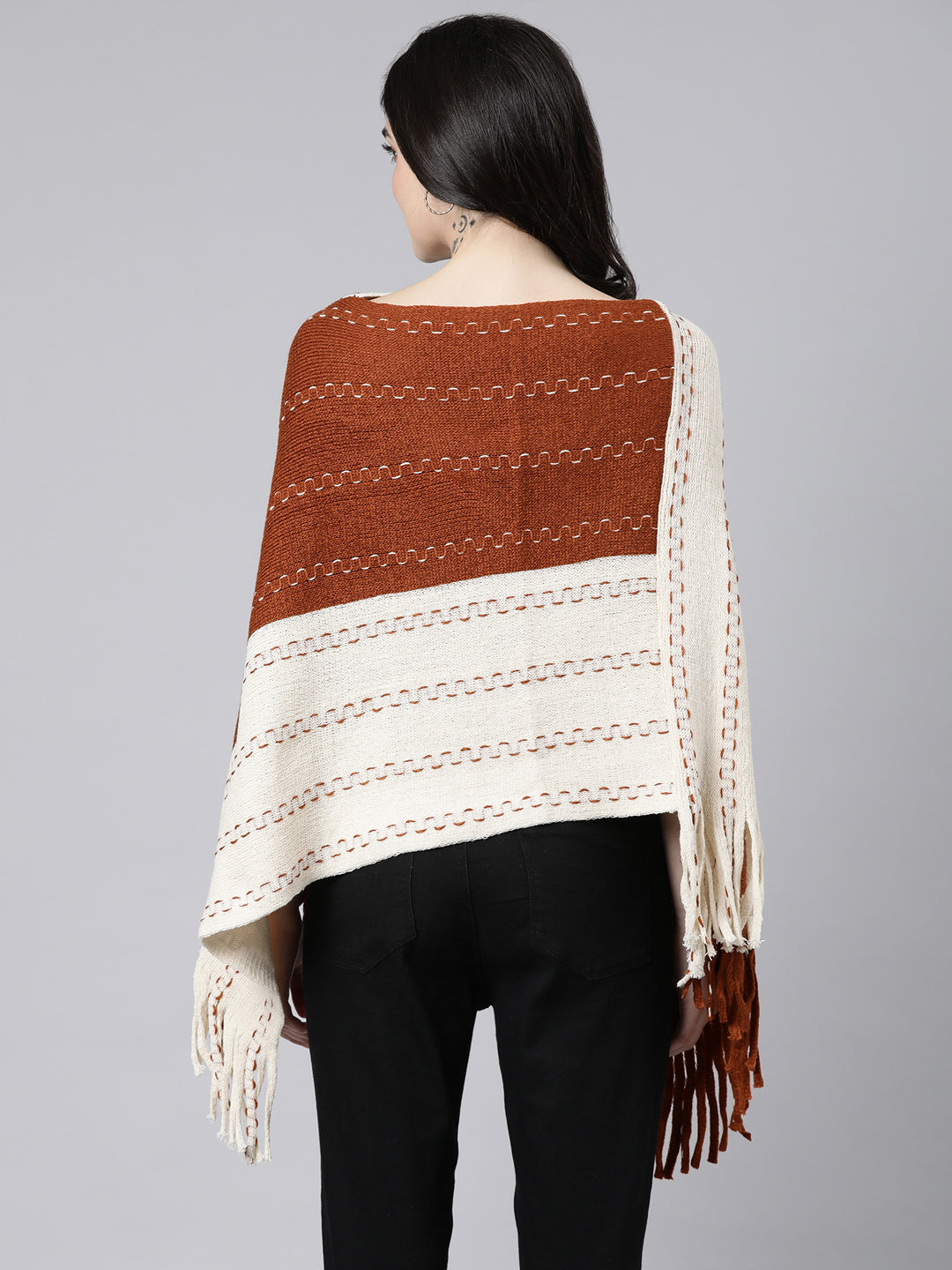 Women's Colourblocked Rust Poncho