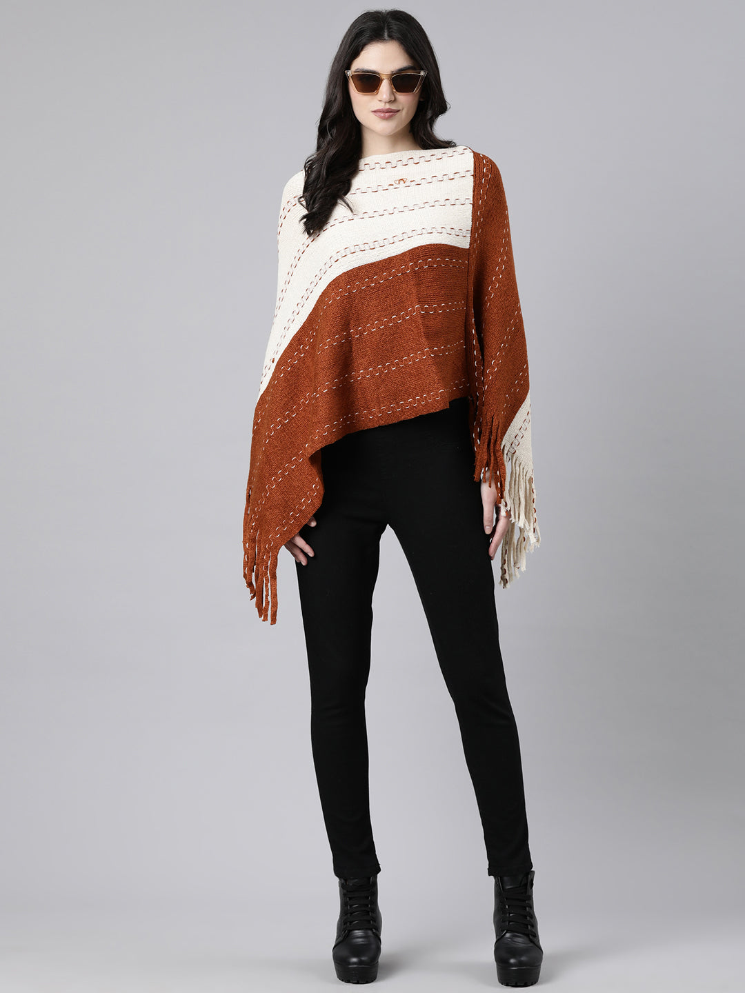Women's Colourblocked Rust Poncho