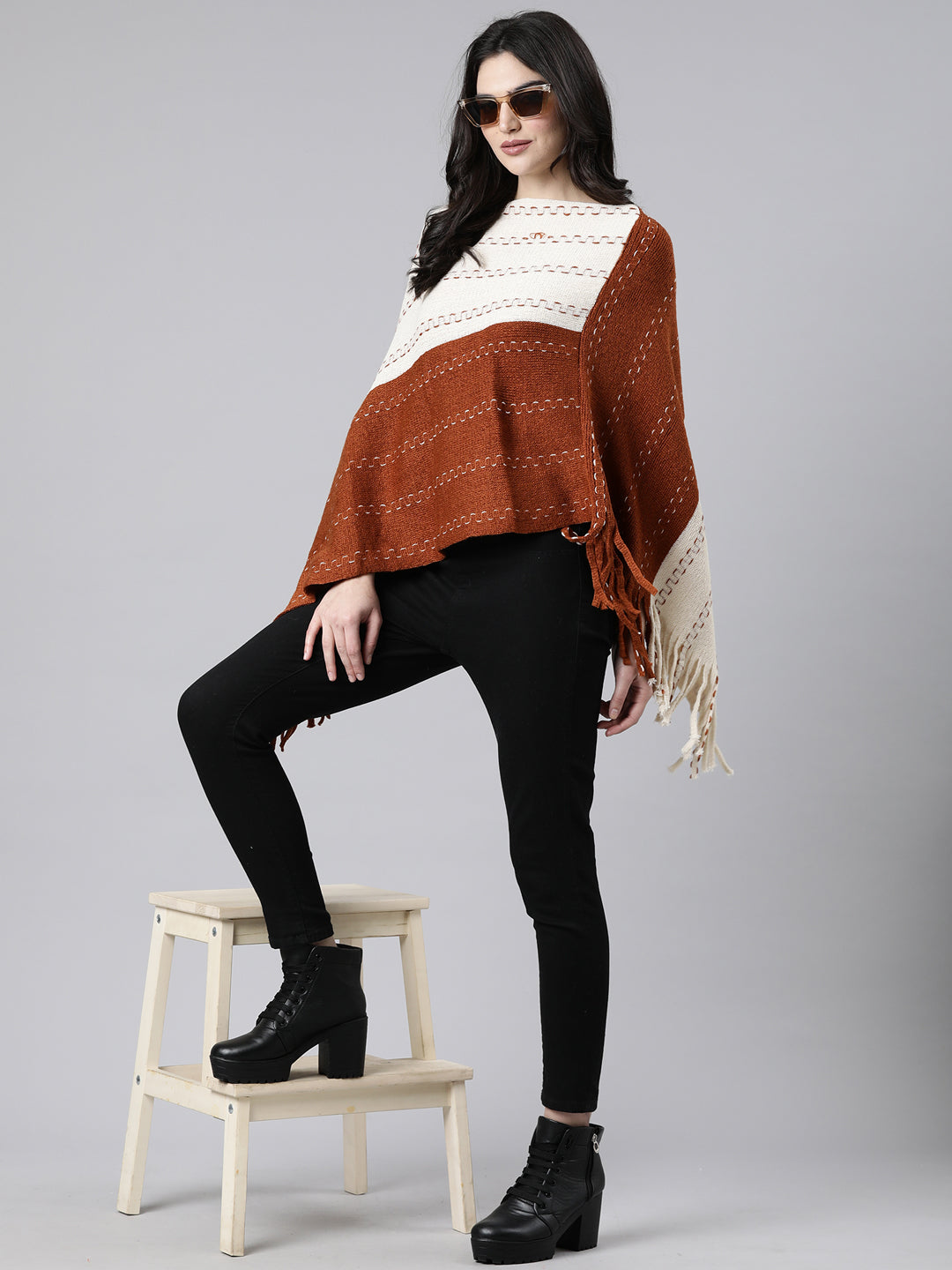 Women's Colourblocked Rust Poncho