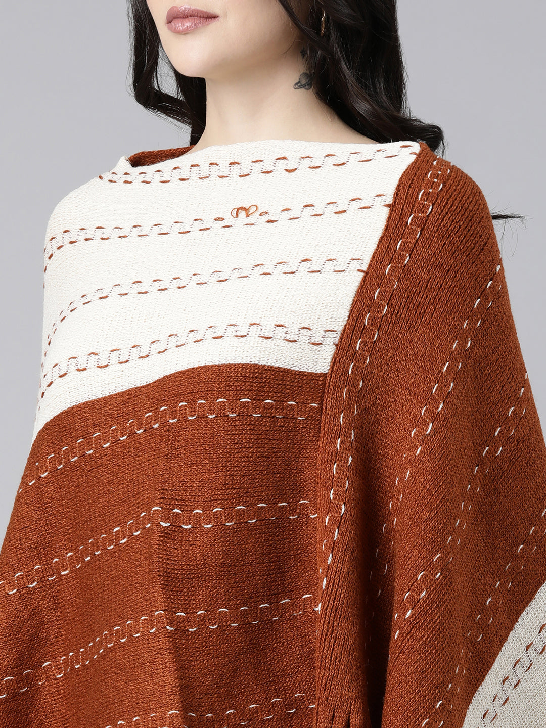 Women's Colourblocked Rust Poncho