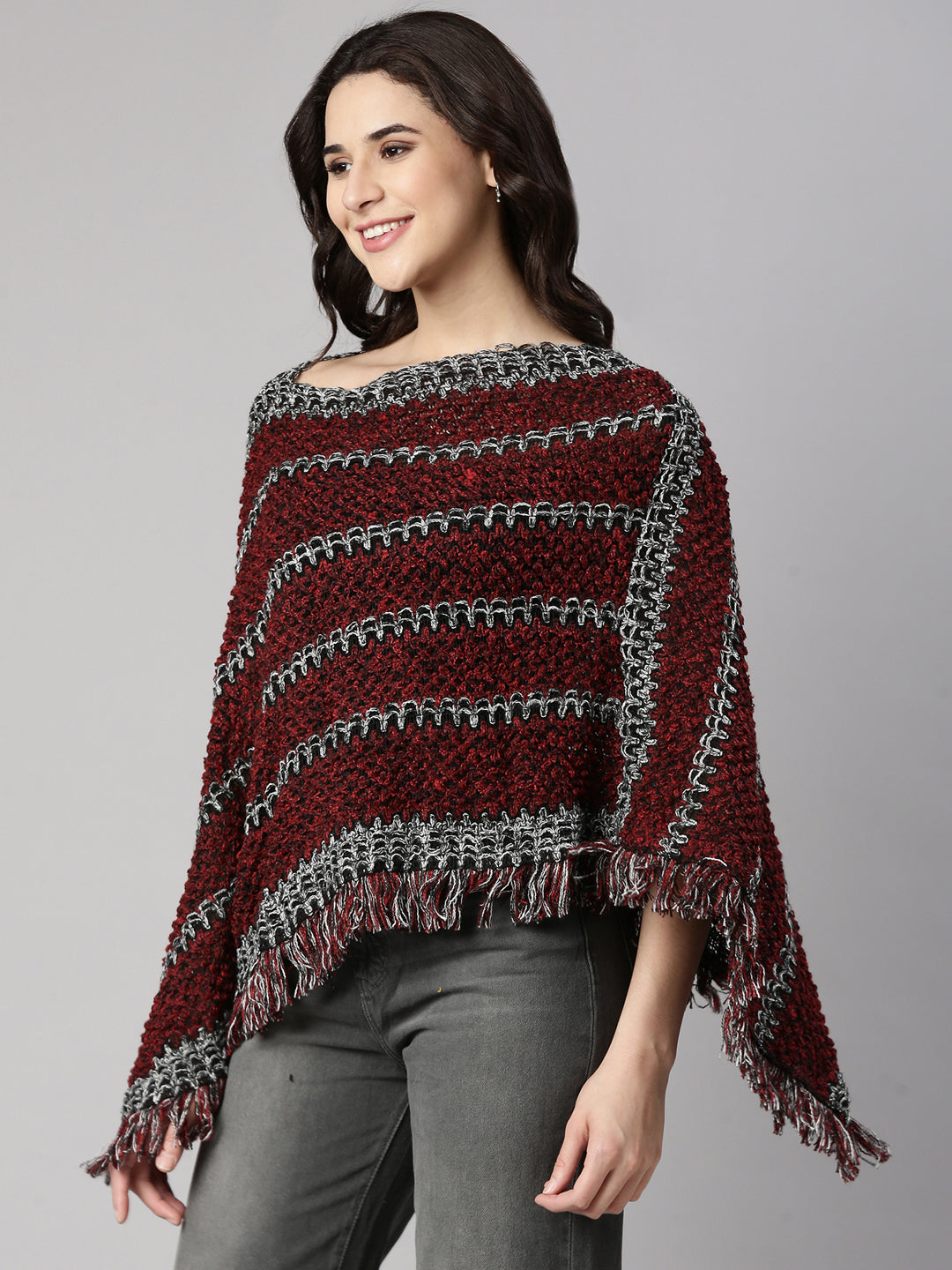 Women's Striped Maroon Poncho