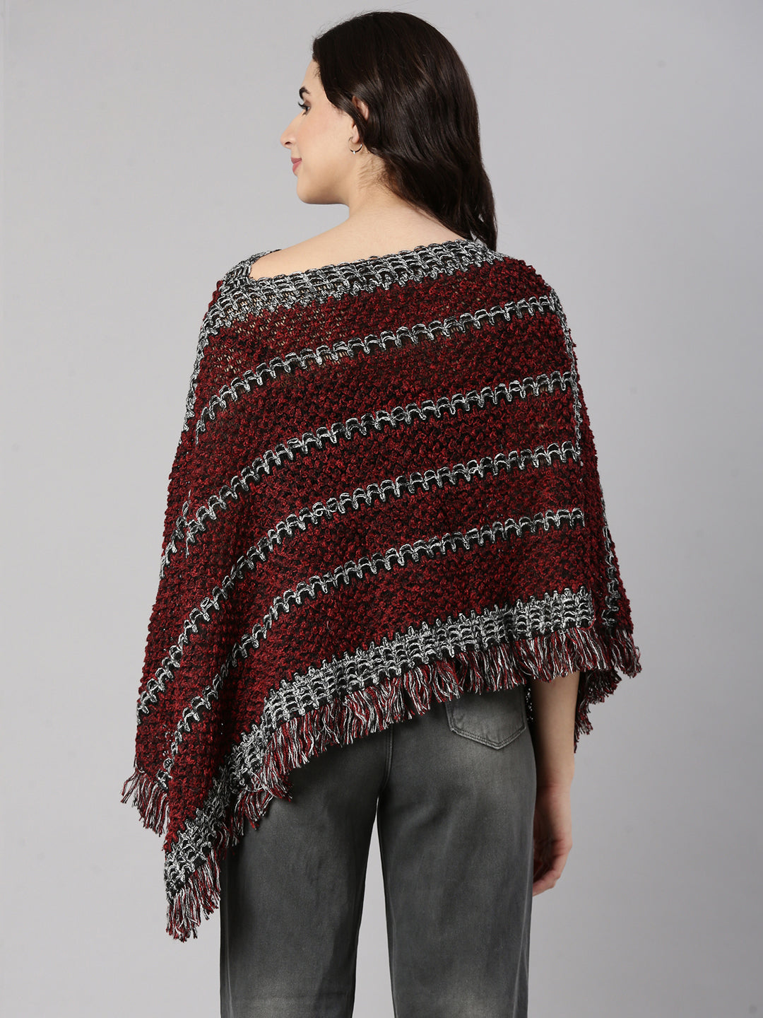 Women's Striped Maroon Poncho