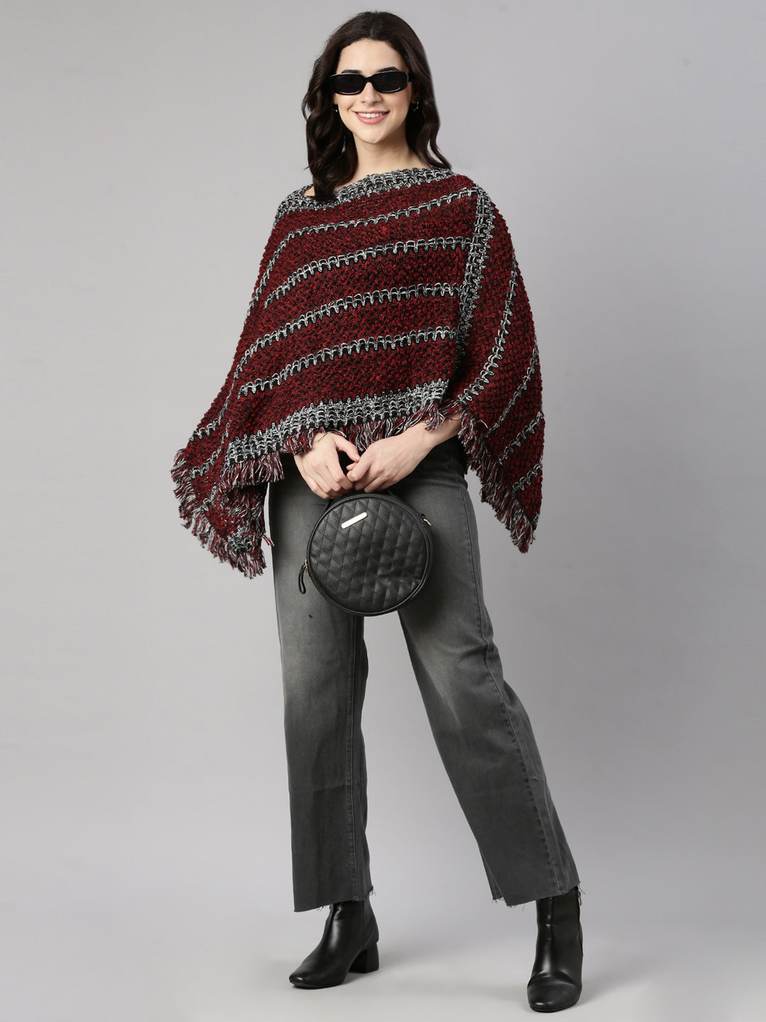 Women's Striped Maroon Poncho