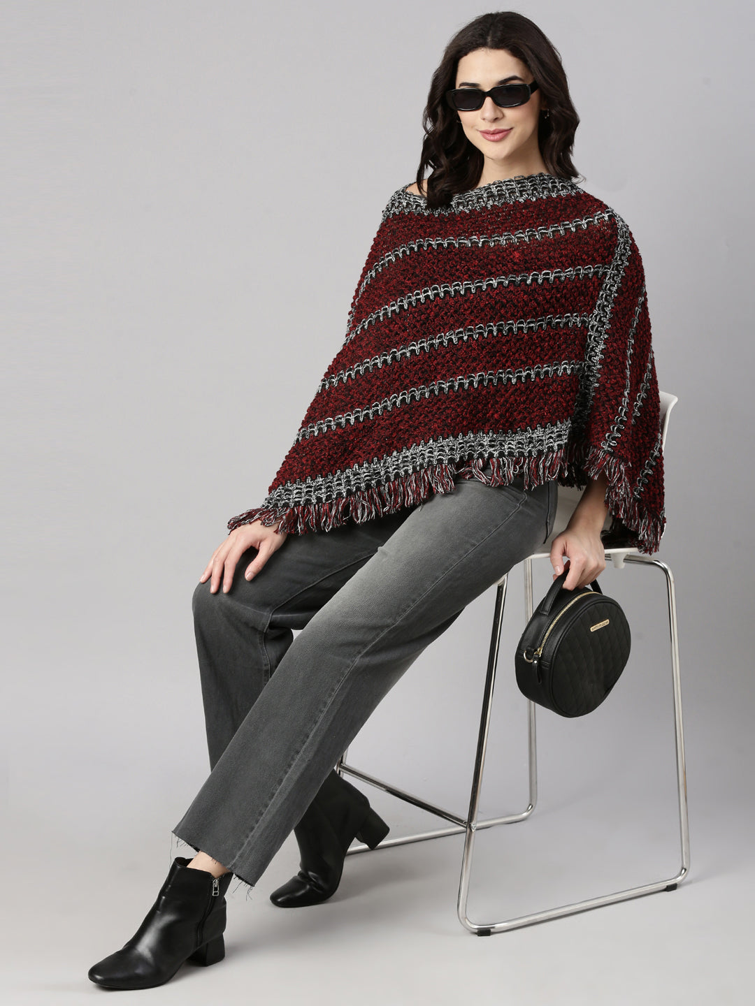 Women's Striped Maroon Poncho