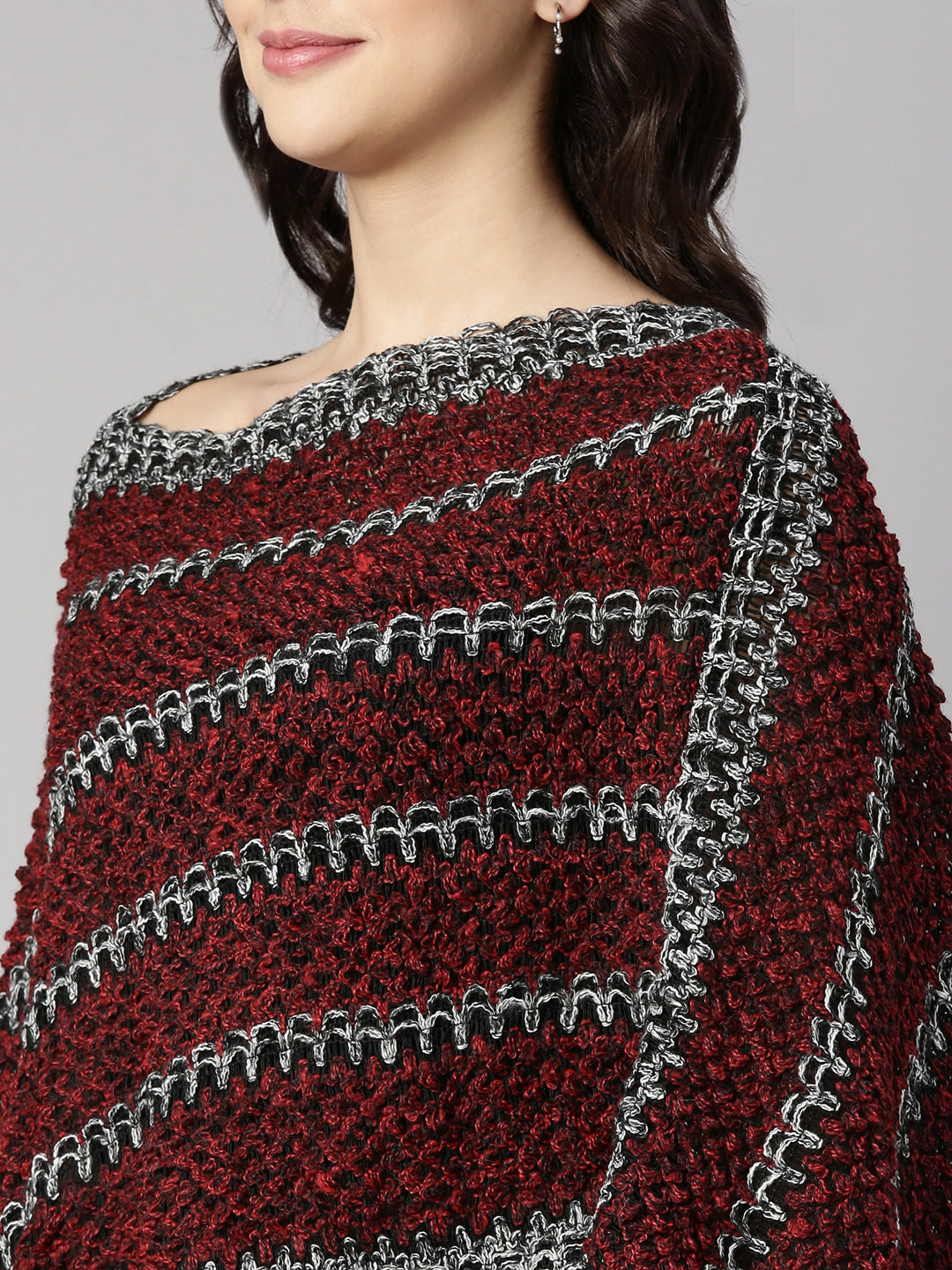 Women's Striped Maroon Poncho